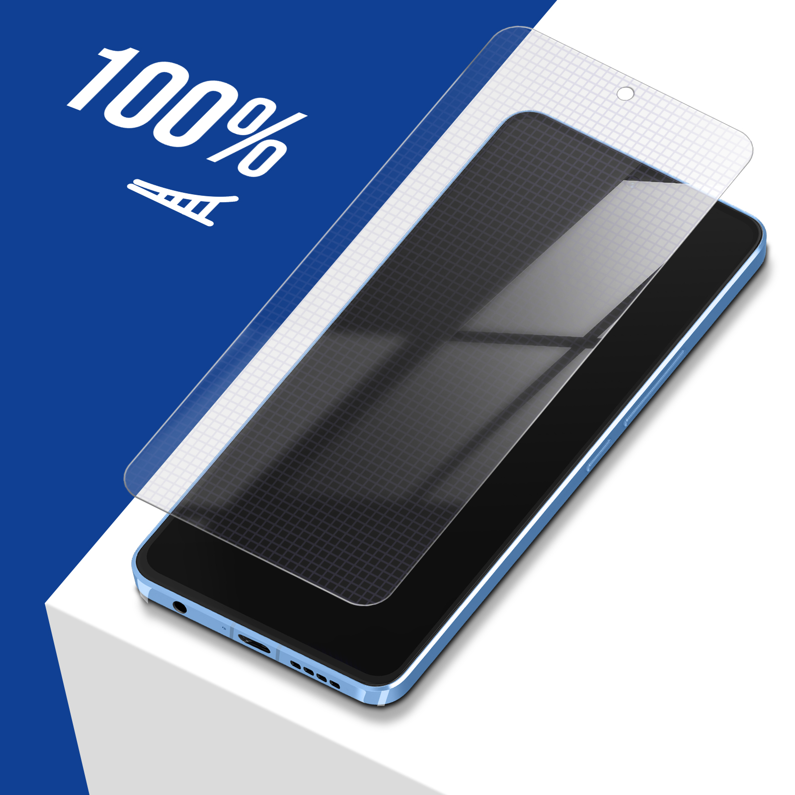 Un telefono con una protezione schermo. Il testo 100% viene visualizzato in alto a sinistra.
