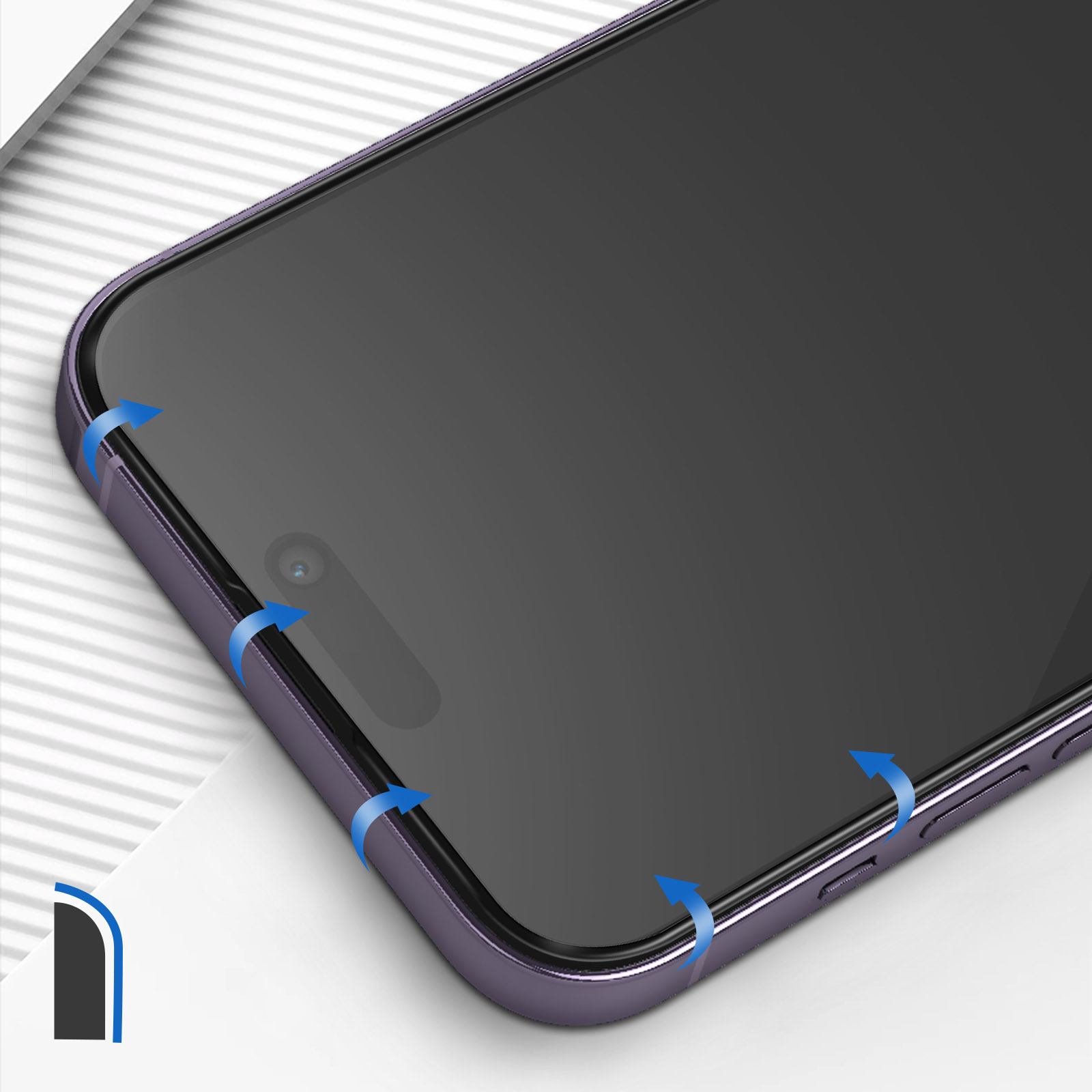 Primo piano di una custodia viola per telefono. Frecce blu mostrano i bordi. Schermo nero.