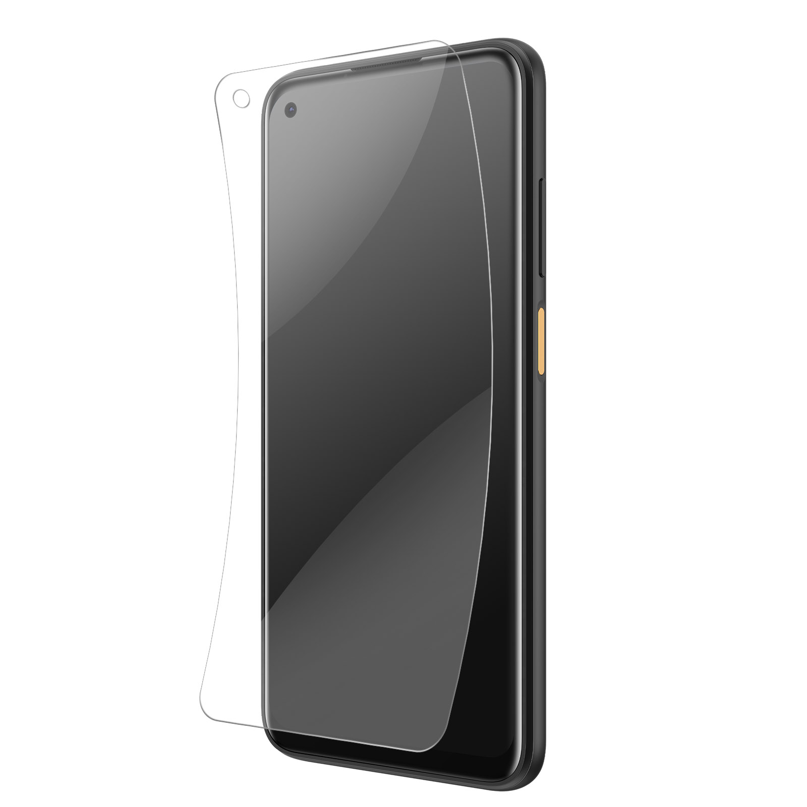 Smartfon z nałożonym ochraniaczem ekranu. Telefon jest czarny z ciemnym ekranem. Ochraniacz jest przezroczysty.