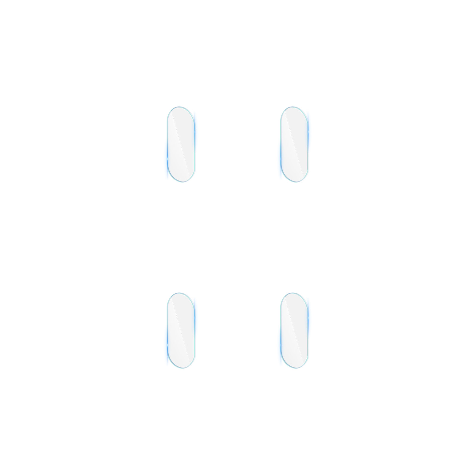 Cztery przezroczyste, owalne ochraniacze ekranu, ułożone w siatce 2x2, na białym tle.