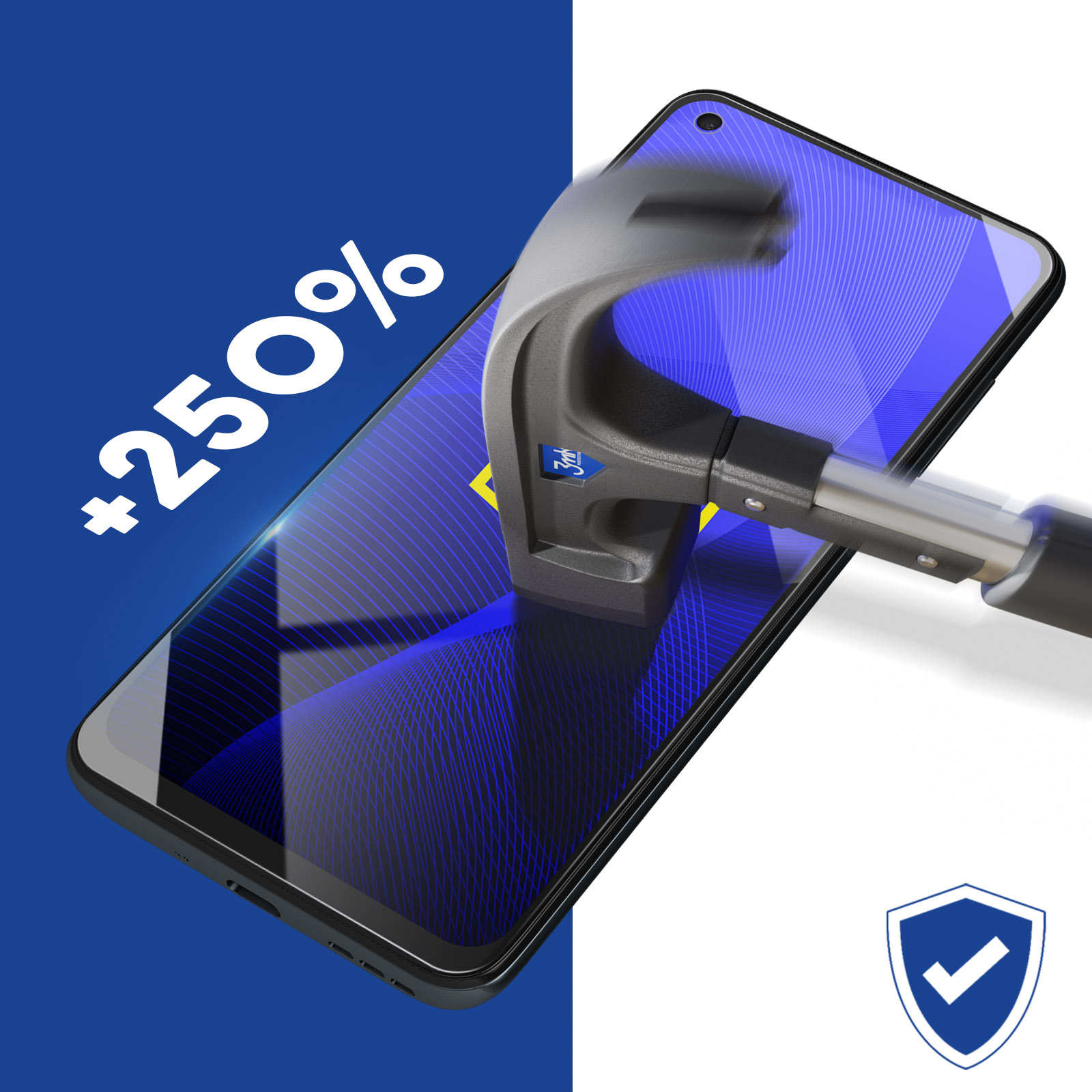 Młotek uderzający w ekran telefonu, z niebieskim i białym tłem. Tekst brzmi +250%.