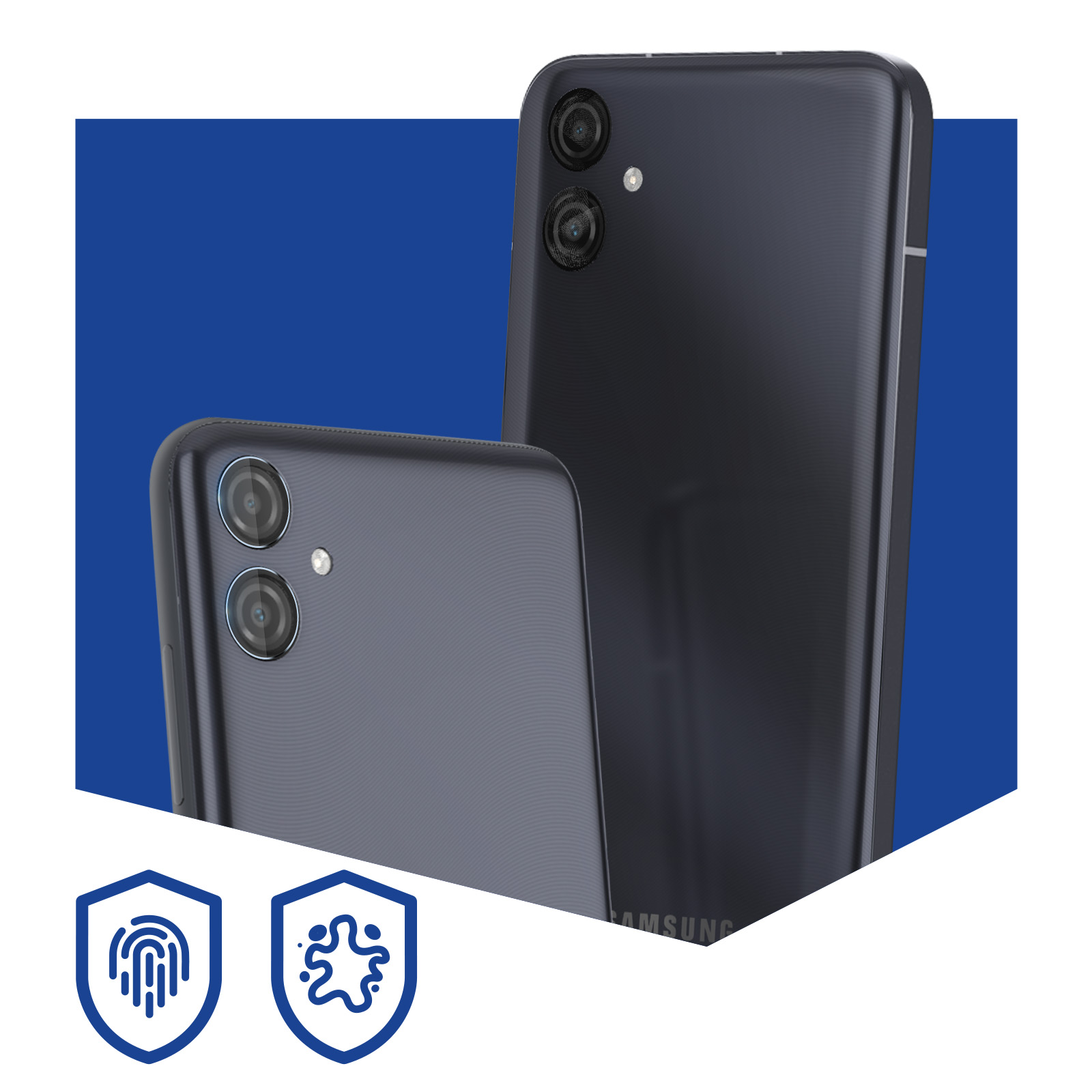Dos teléfonos inteligentes gris oscuro con cámaras duales sobre fondo azul. Debajo, iconos de huella dactilar y salpicadura.