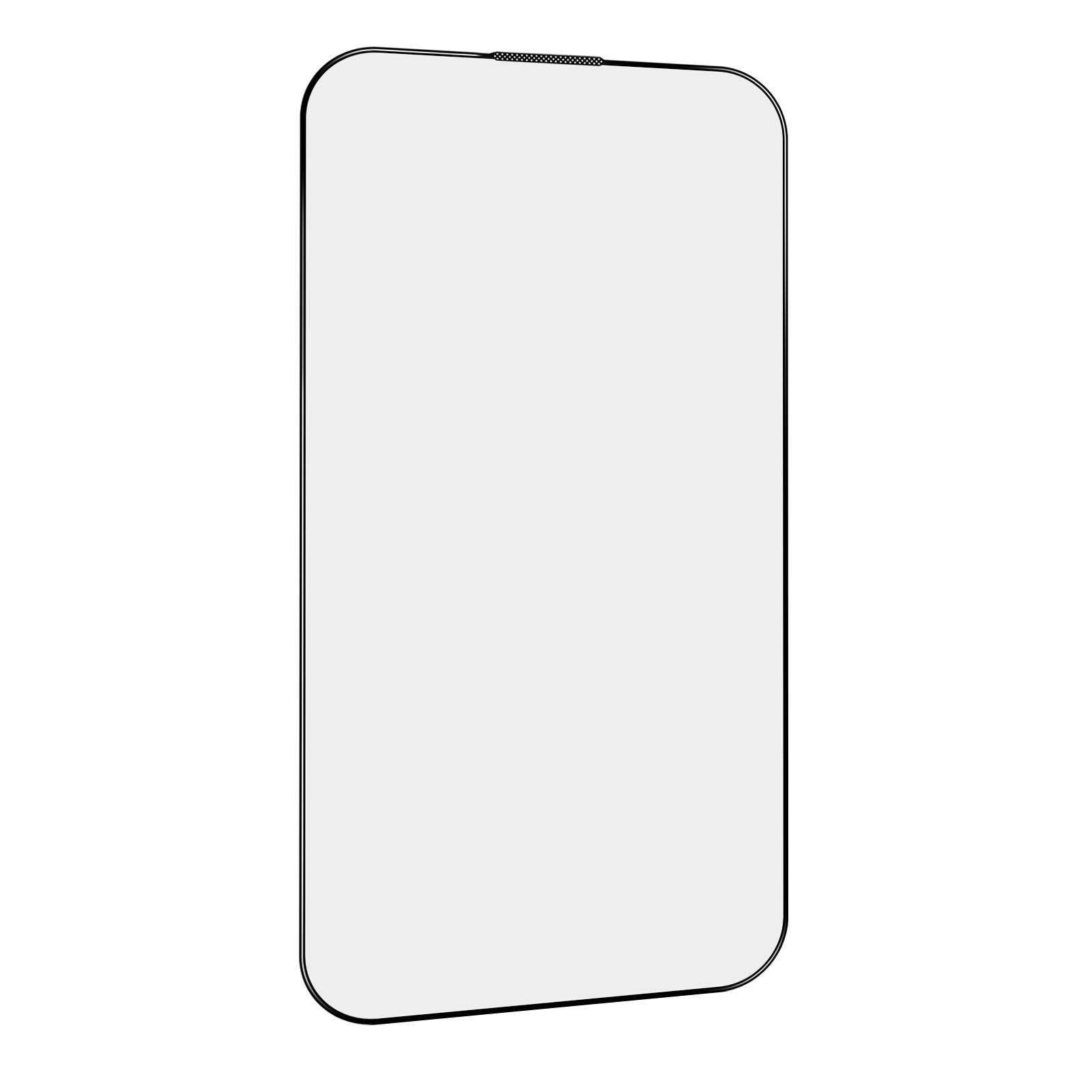 A clear screen protector for a phone, rectangular with rounded edges and a notch at the top.