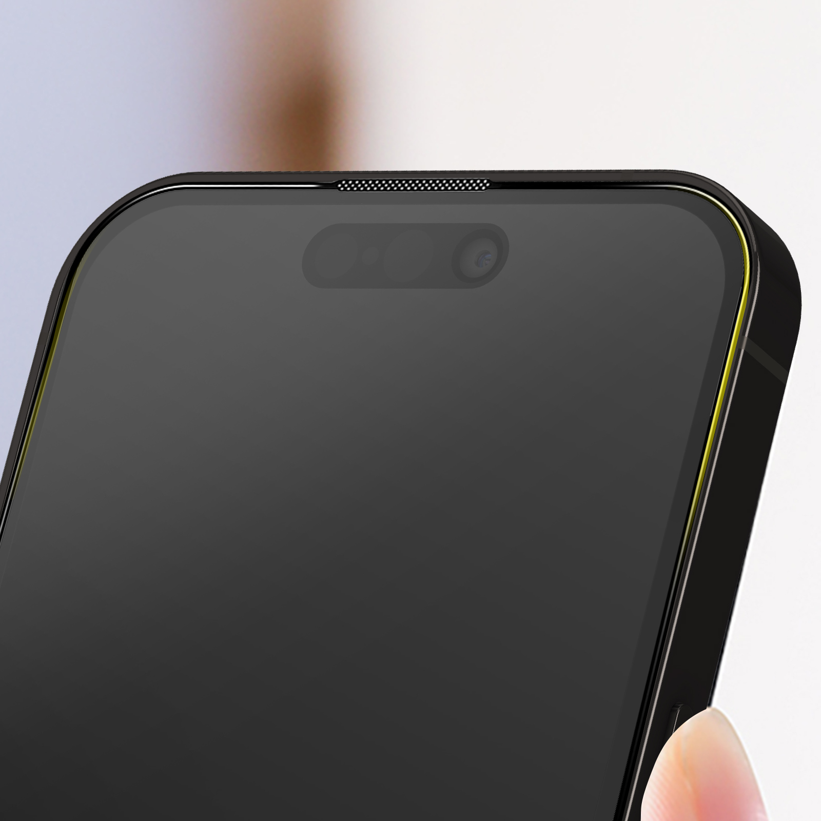 Close-up of a black phone with a notch. The screen is black, with a camera and speaker.