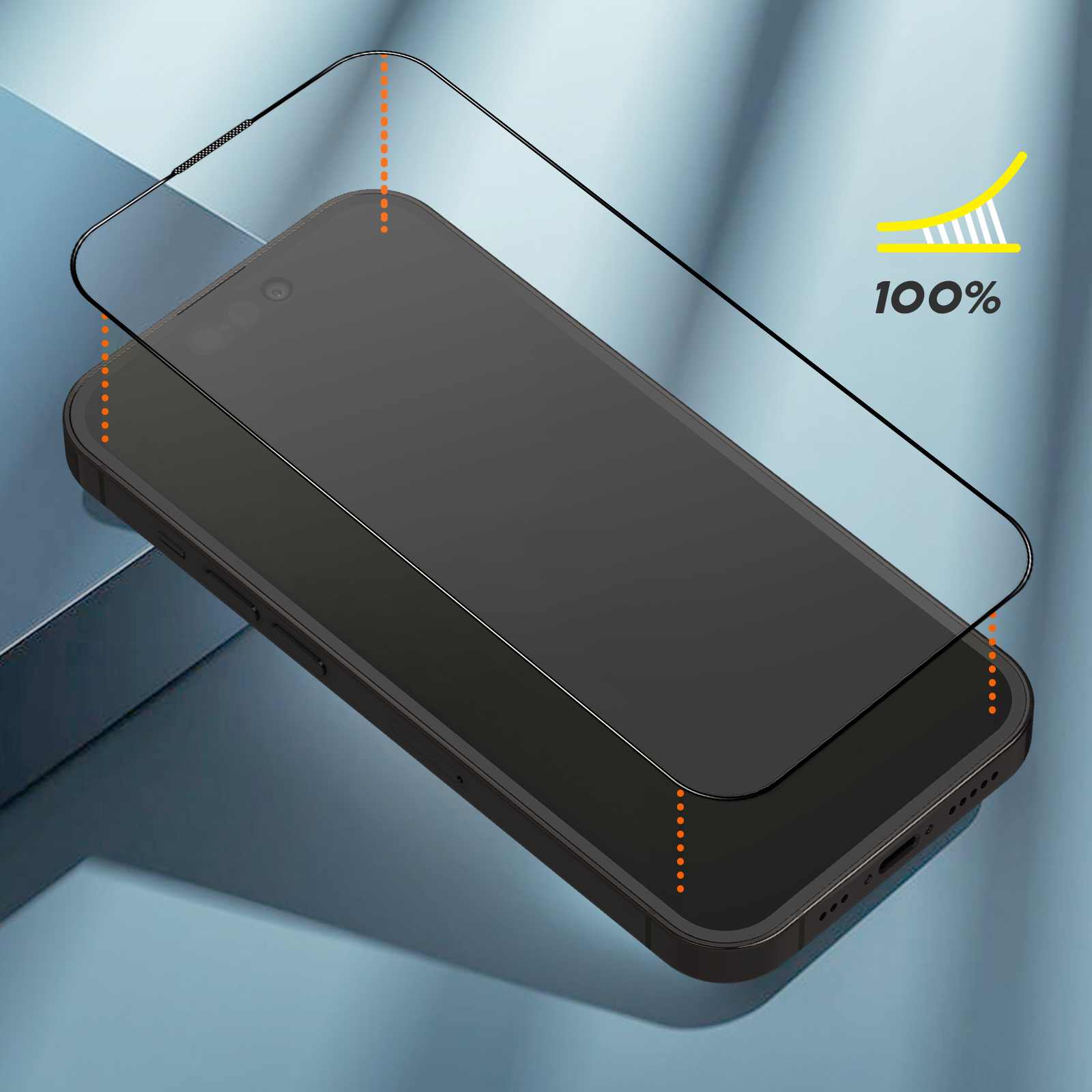 Smartphone with screen protector and a 100% icon. Blue background.