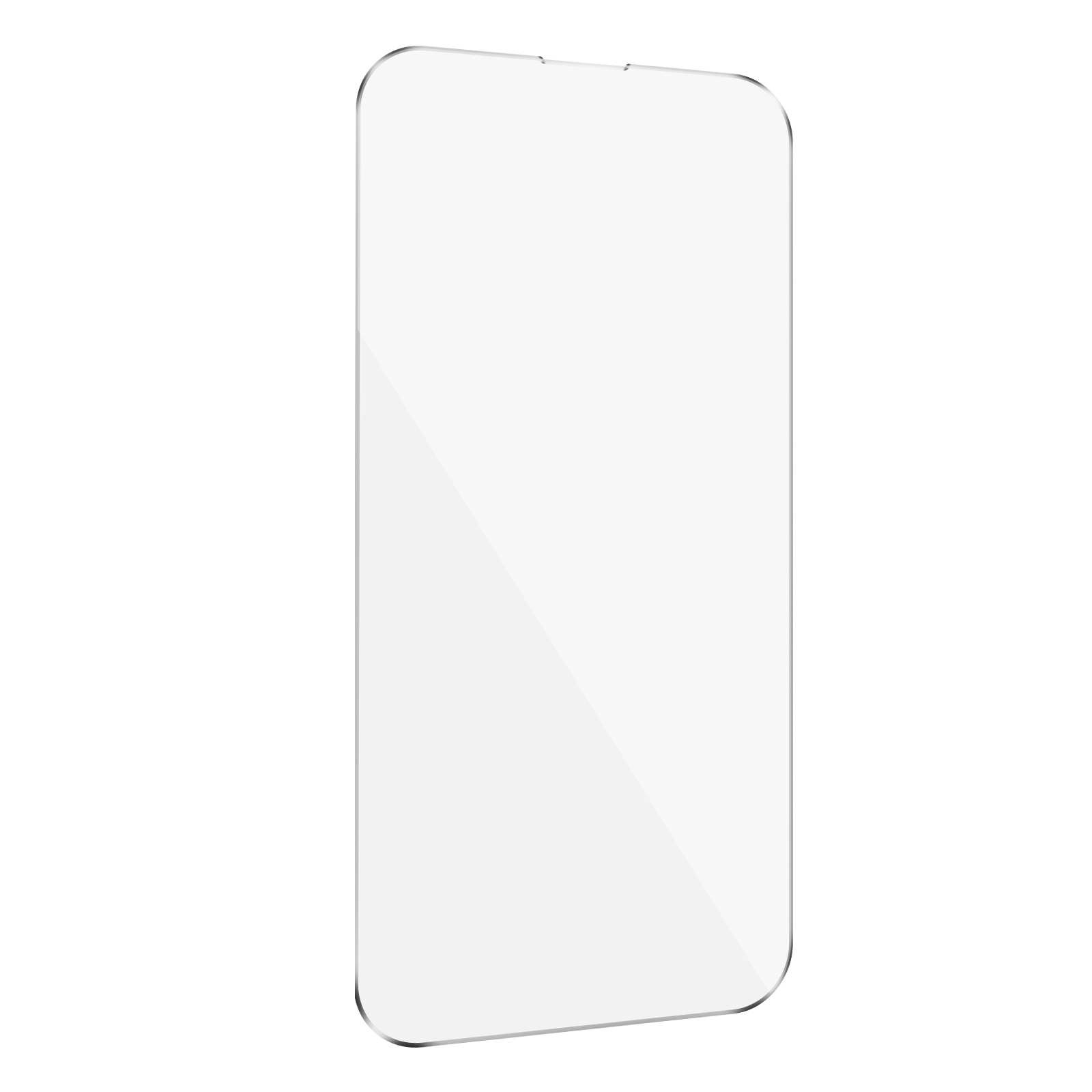 Proteggi schermo trasparente per un telefono. Forma rettangolare con angoli arrotondati. Sfondo bianco.