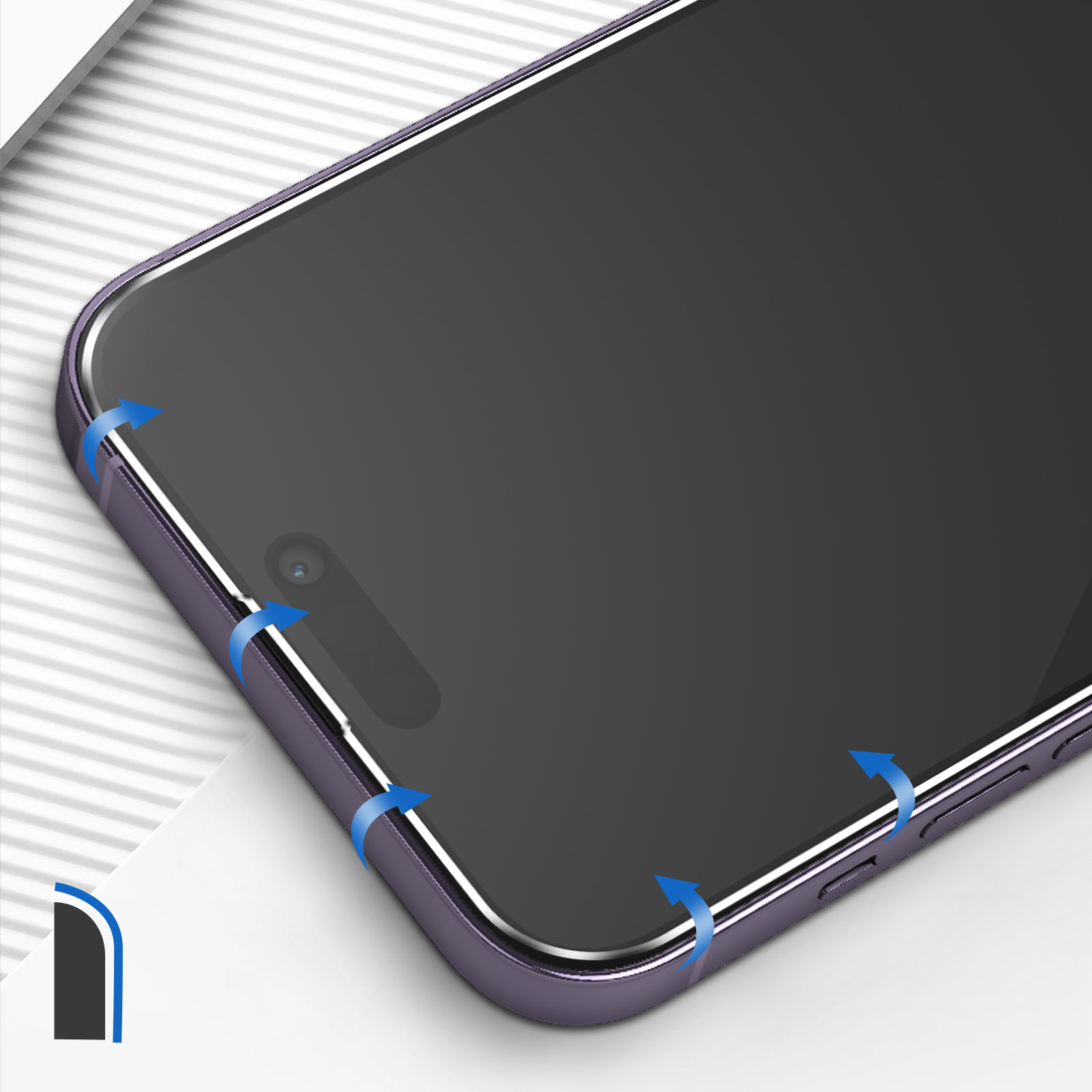 Un telefono con una protezione per lo schermo. Frecce blu indicano l'applicazione. Il telefono è viola.