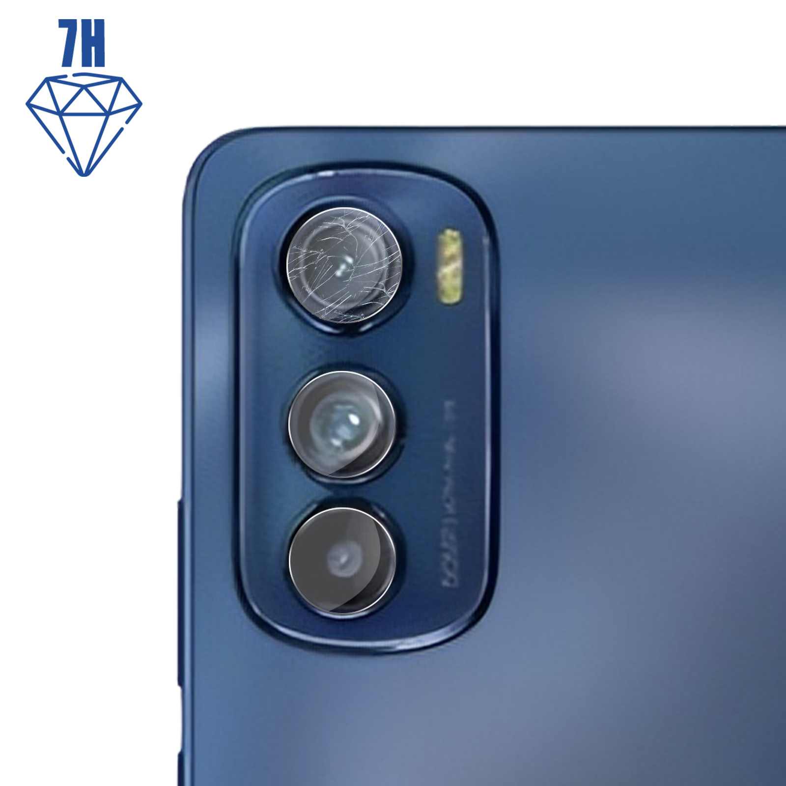 Zbliżenie na aparat telefonu z pękniętym ochraniaczem obiektywu, z logo 7H i diamentu.