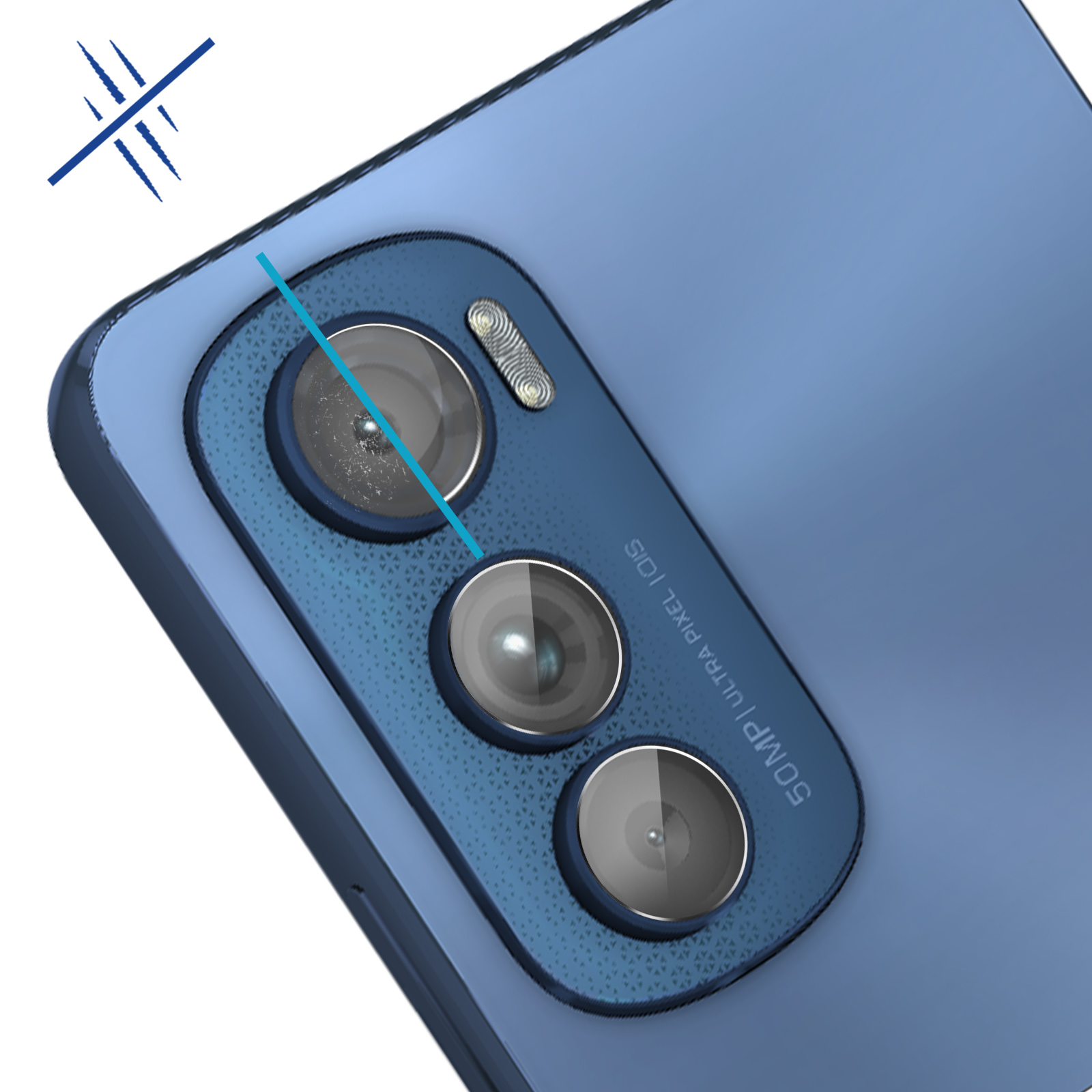 Zbliżenie na aparat telefonu z niebieską linią wskazującą odporność na zarysowania.