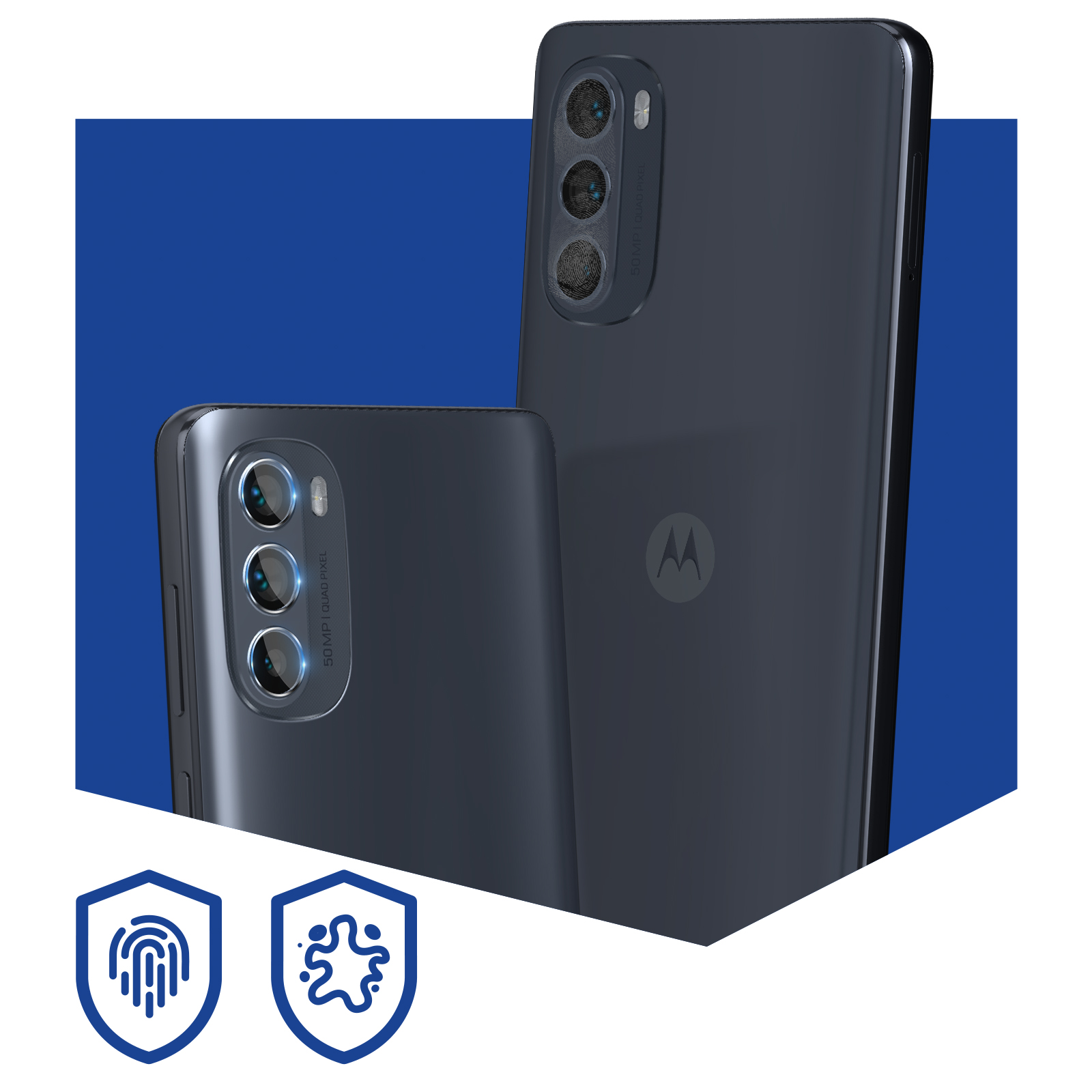 Deux téléphones Motorola gris foncé sont présentés, mettant en valeur leurs caméras. Le fond est bleu, avec deux icônes de bouclier en bas.