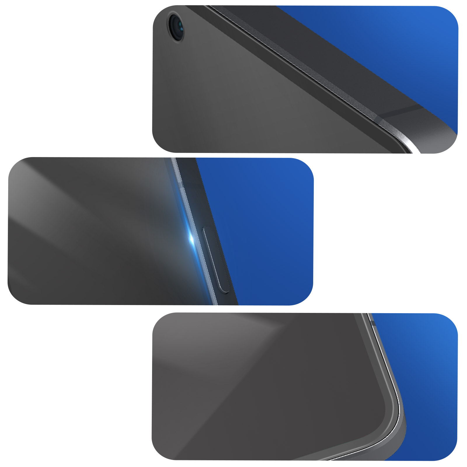 Zbliżenia telefonu i folii ochronnej. Widoki z góry, boku i dołu.