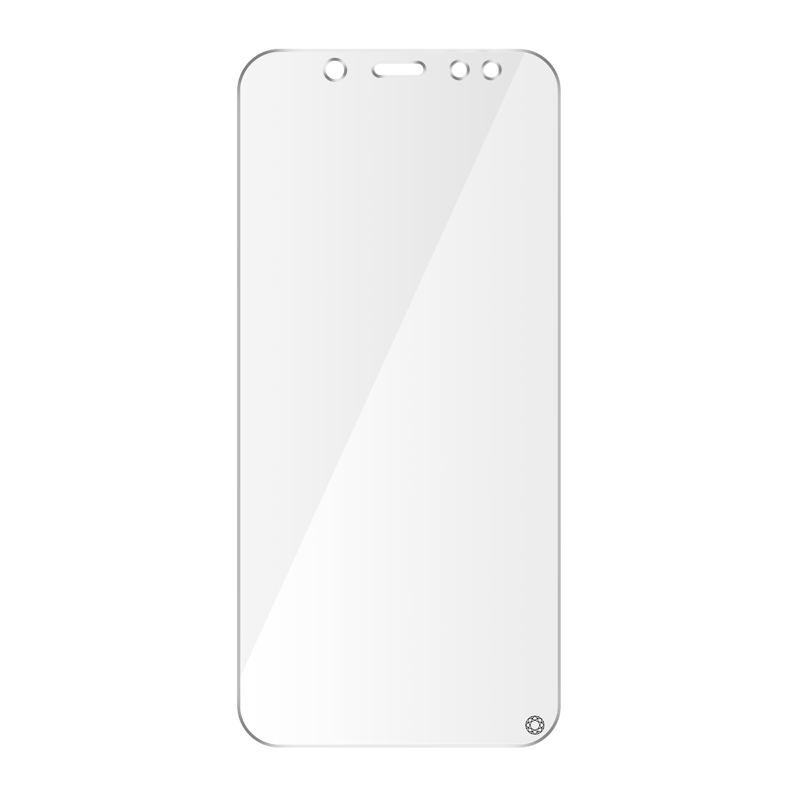 Un proteggi schermo trasparente per un telefono, con fori per fotocamera e altoparlante. Su sfondo bianco.