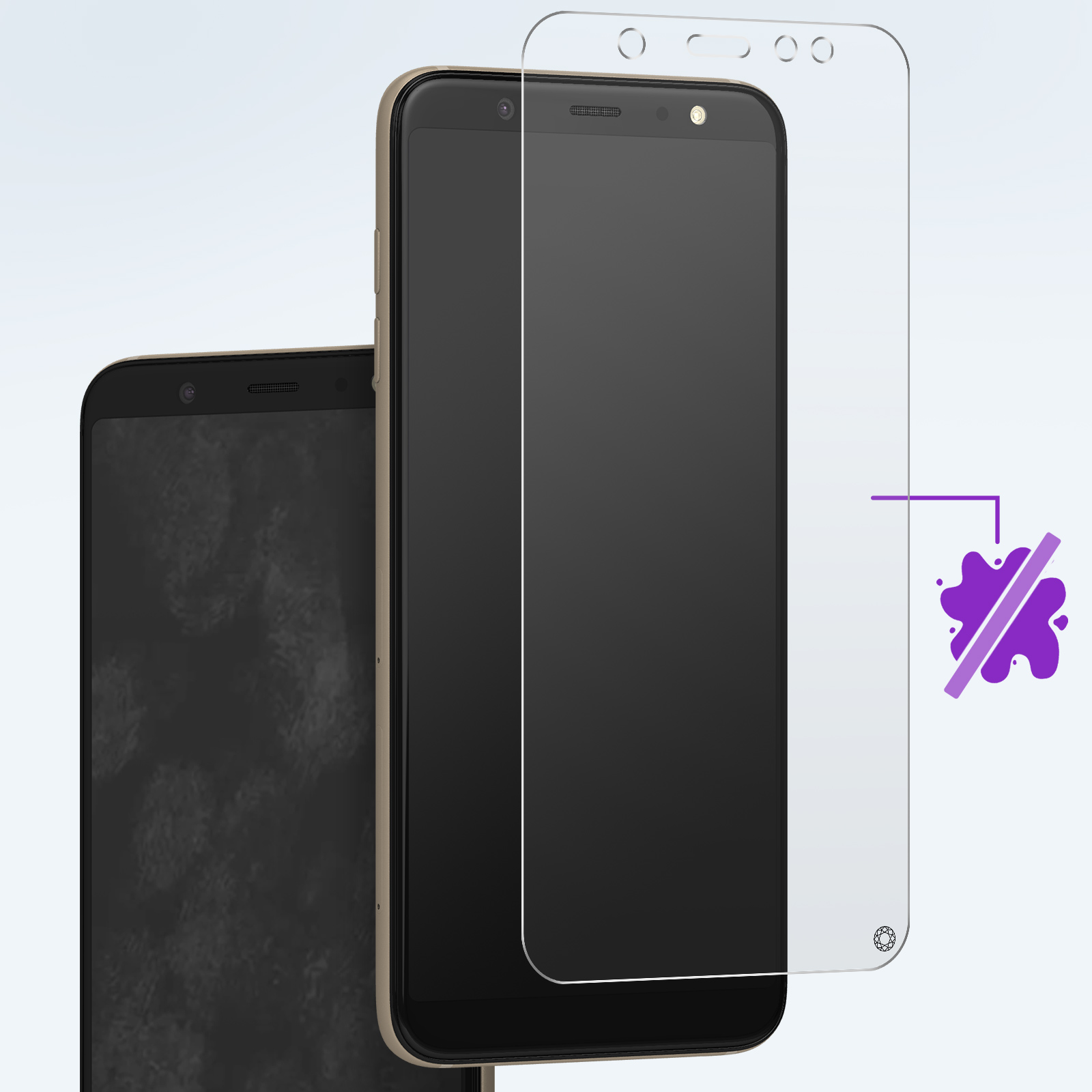 Due smartphone e una protezione schermo. Un simbolo viola di spruzzo sbarrato.