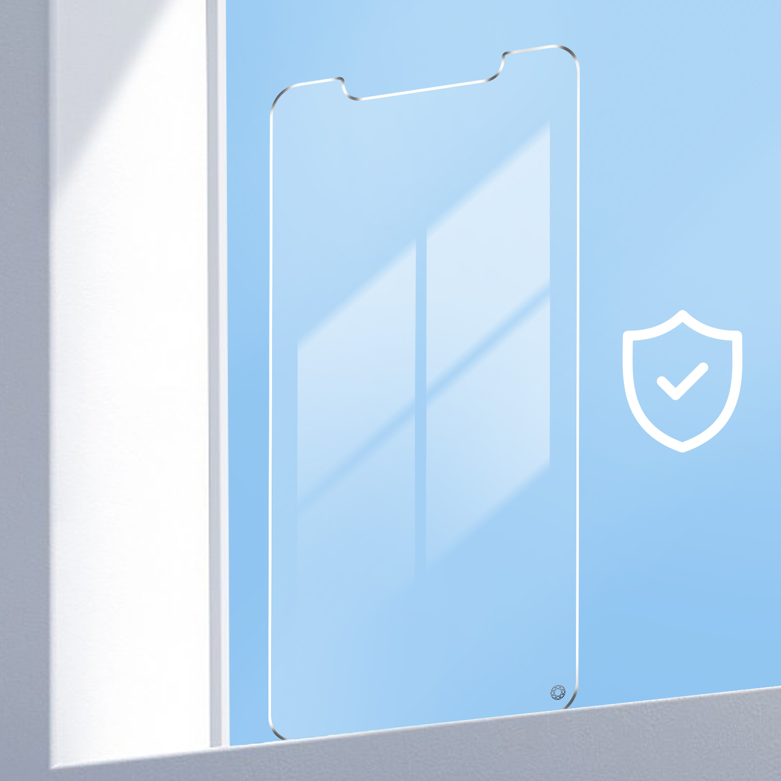 Phone screen protector. Clear glass with a blue sky background and a checkmark.