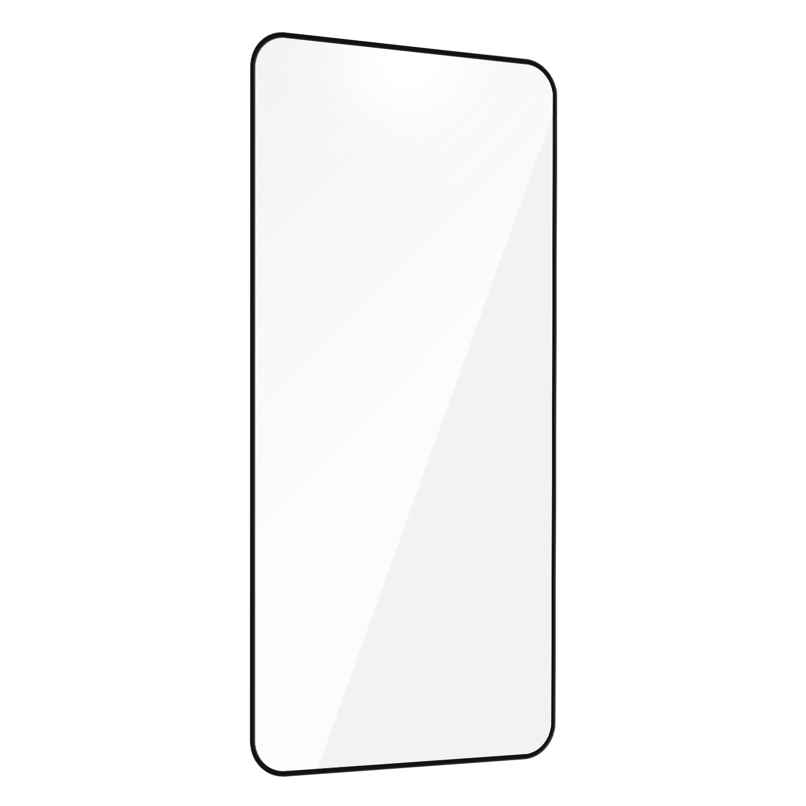 Protezione schermo in vetro per un telefono. Vetro trasparente con cornice nera, sfondo bianco.