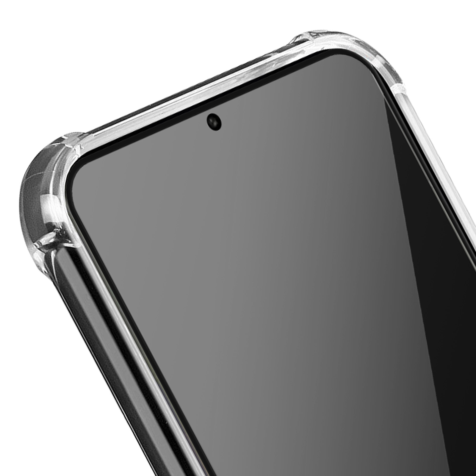 Un telefono con una custodia trasparente. Il telefono è nero e la custodia trasparente.