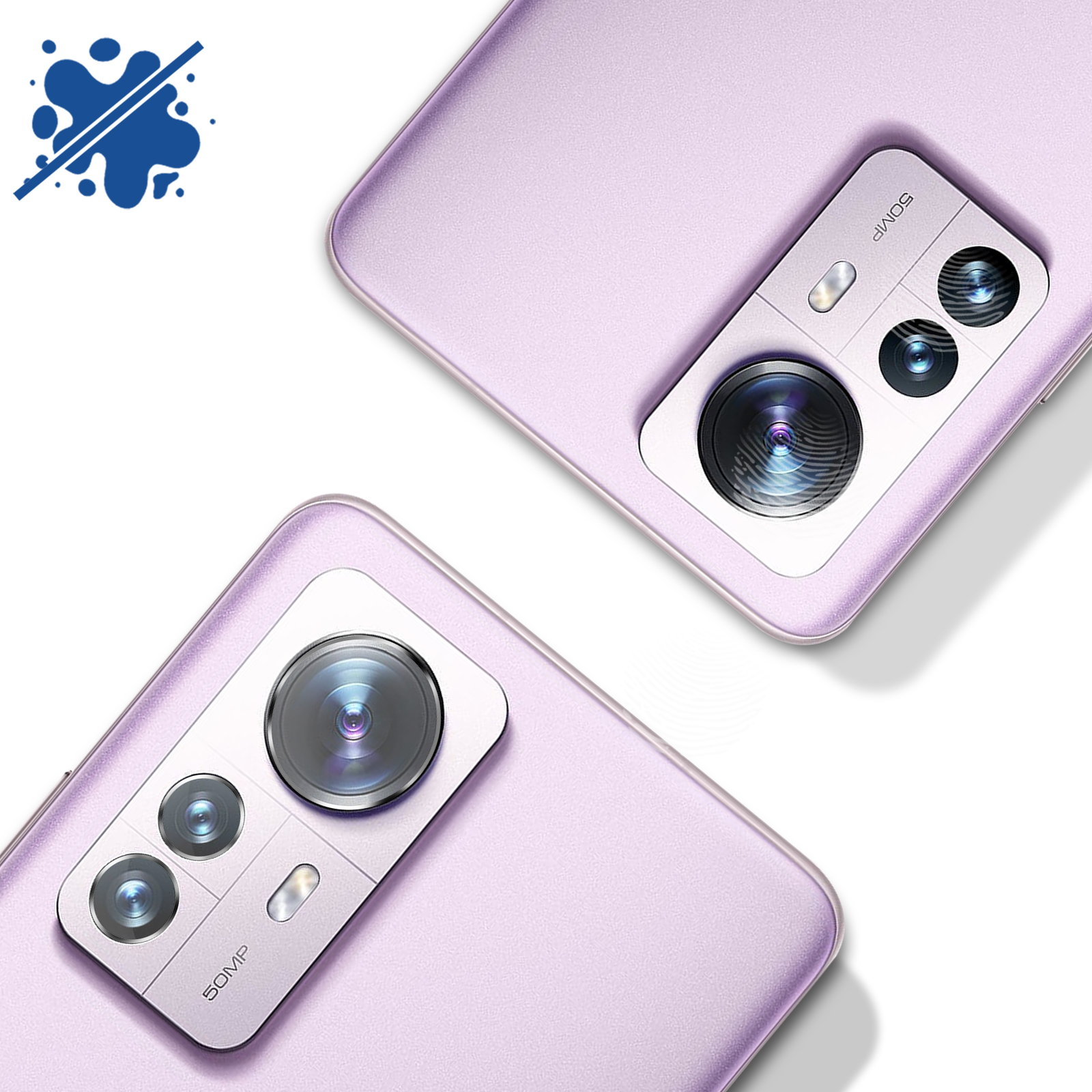 Dos teléfonos morados con conjuntos de cámaras, mostrando un elemento de diseño resistente a manchas.
