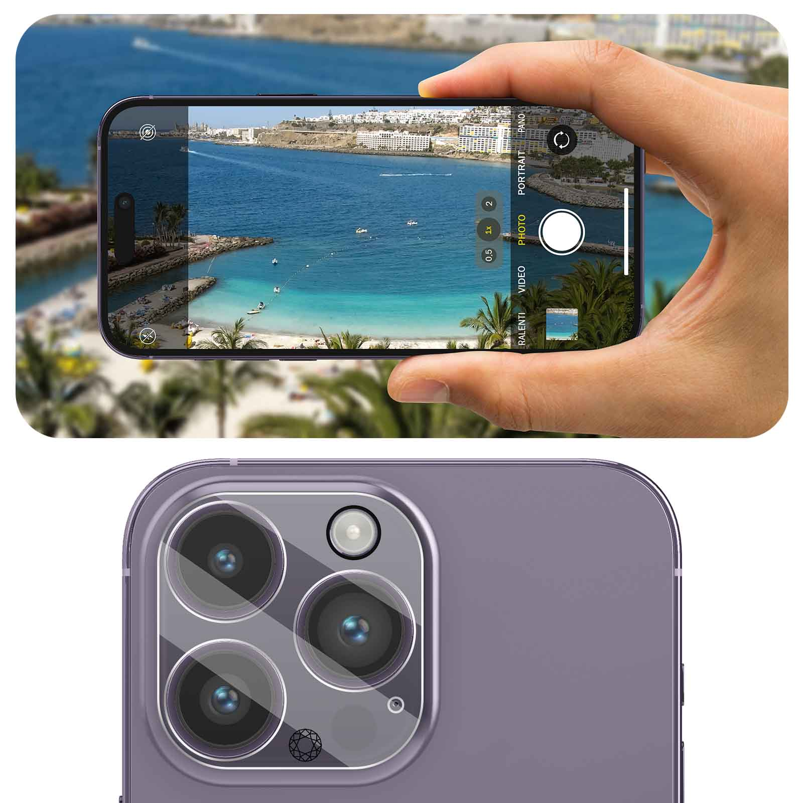 Main tenant un téléphone, affichant une scène de plage. L'arrière du téléphone est violet avec des objectifs d'appareil photo.