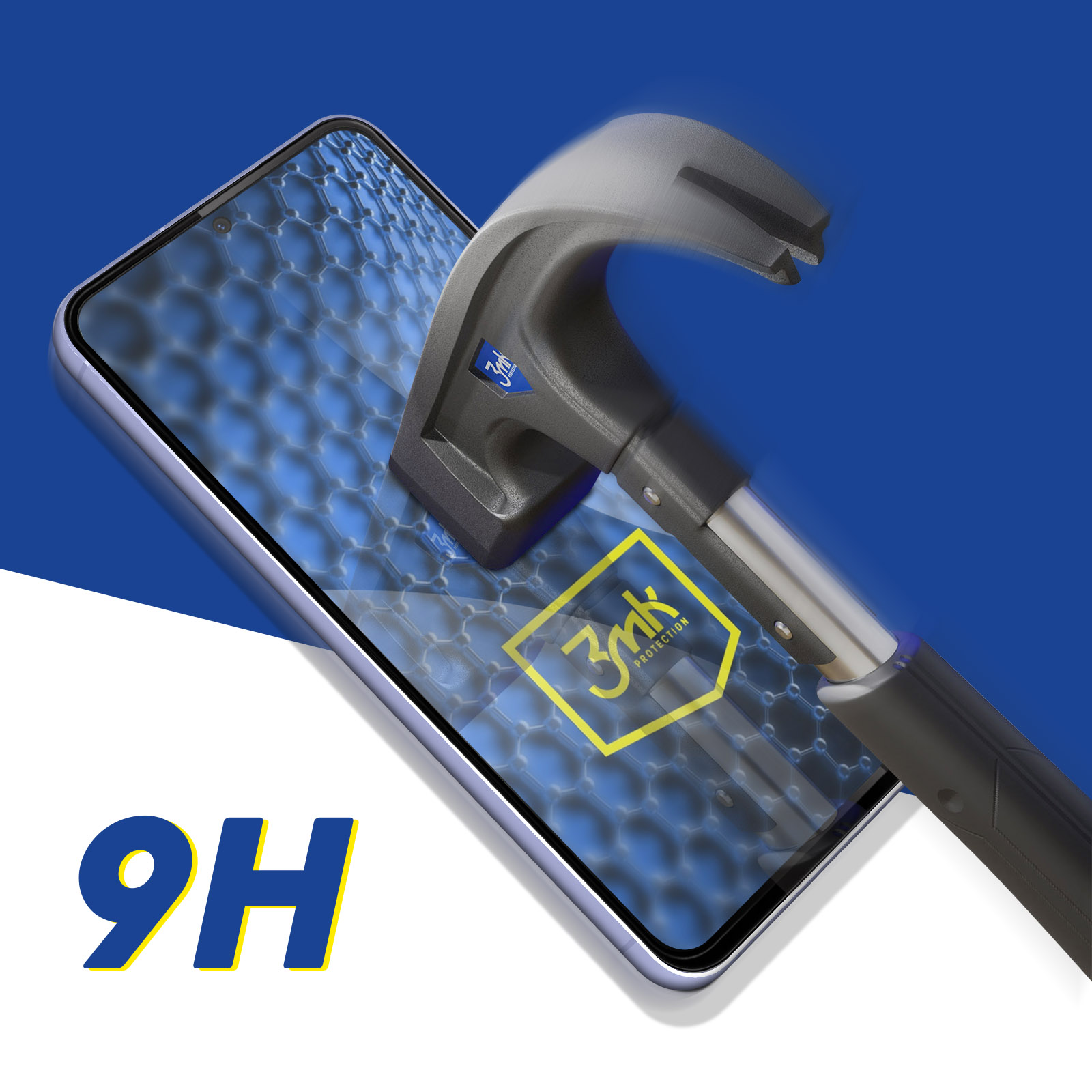 Ekran telefonu uderzany młotkiem. Na ekranie widnieje etykieta 9H.