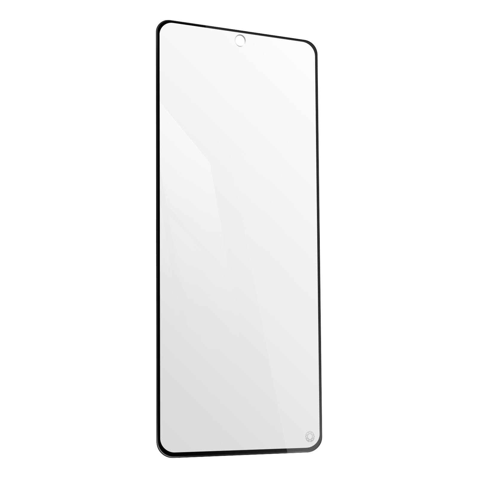 Een telefoonbeschermer met afgeronde hoeken. Zwarte randen en transparant glazen oppervlak.