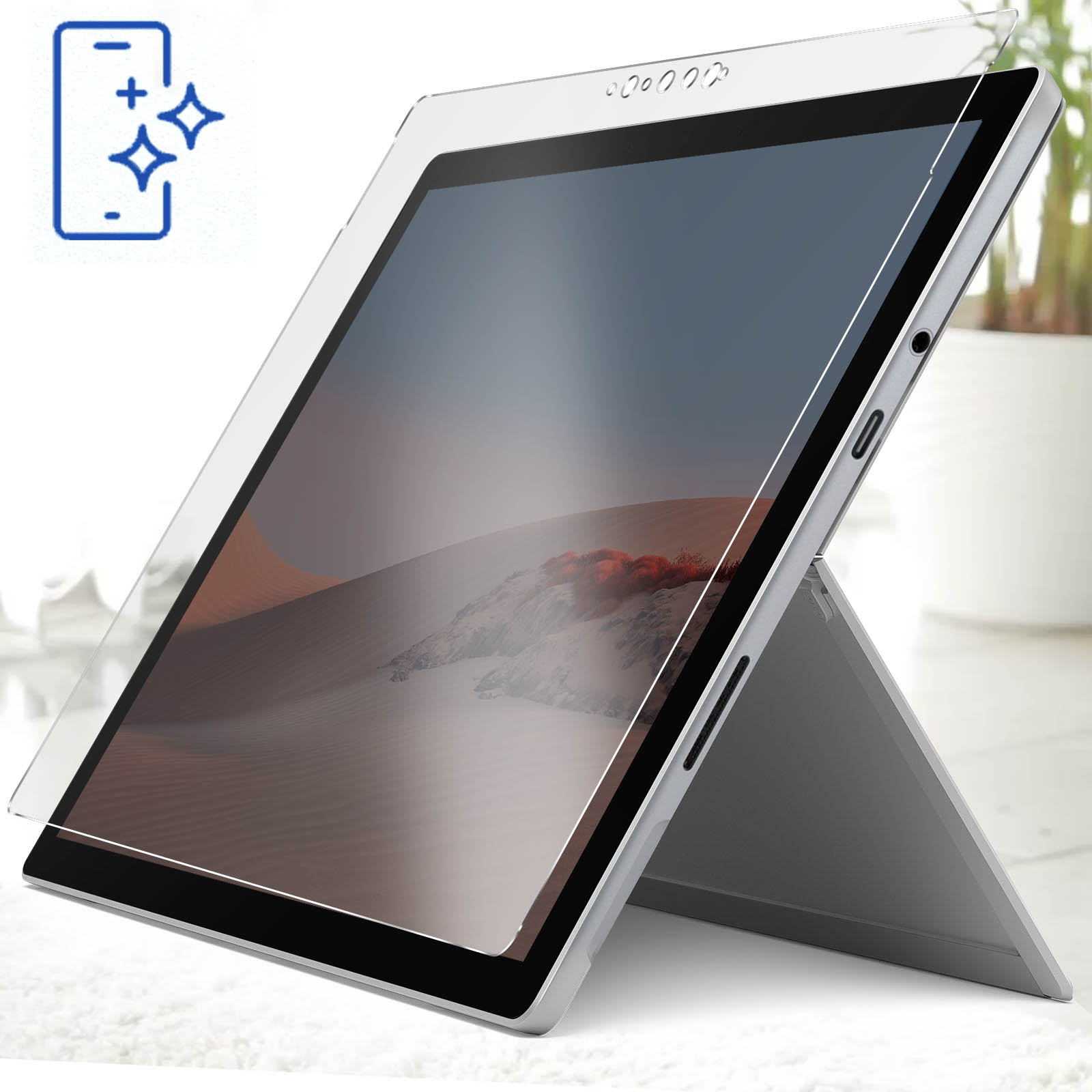 Tablet z ochraniaczem ekranu na stojaku. Biała powierzchnia, czysty ekran, tło biurowe.