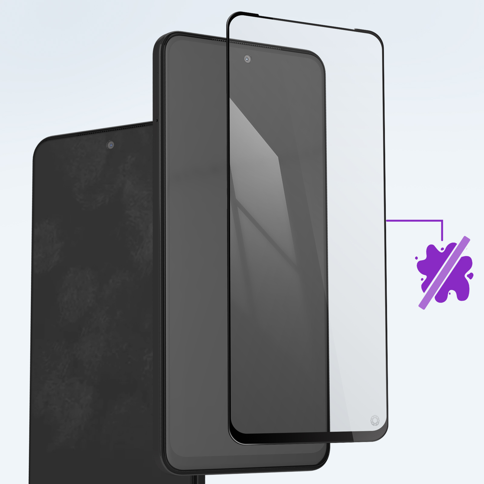 Drie telefoons die laten zien hoe een schermbeschermer wordt aangebracht. Eén telefoon heeft een donker scherm.