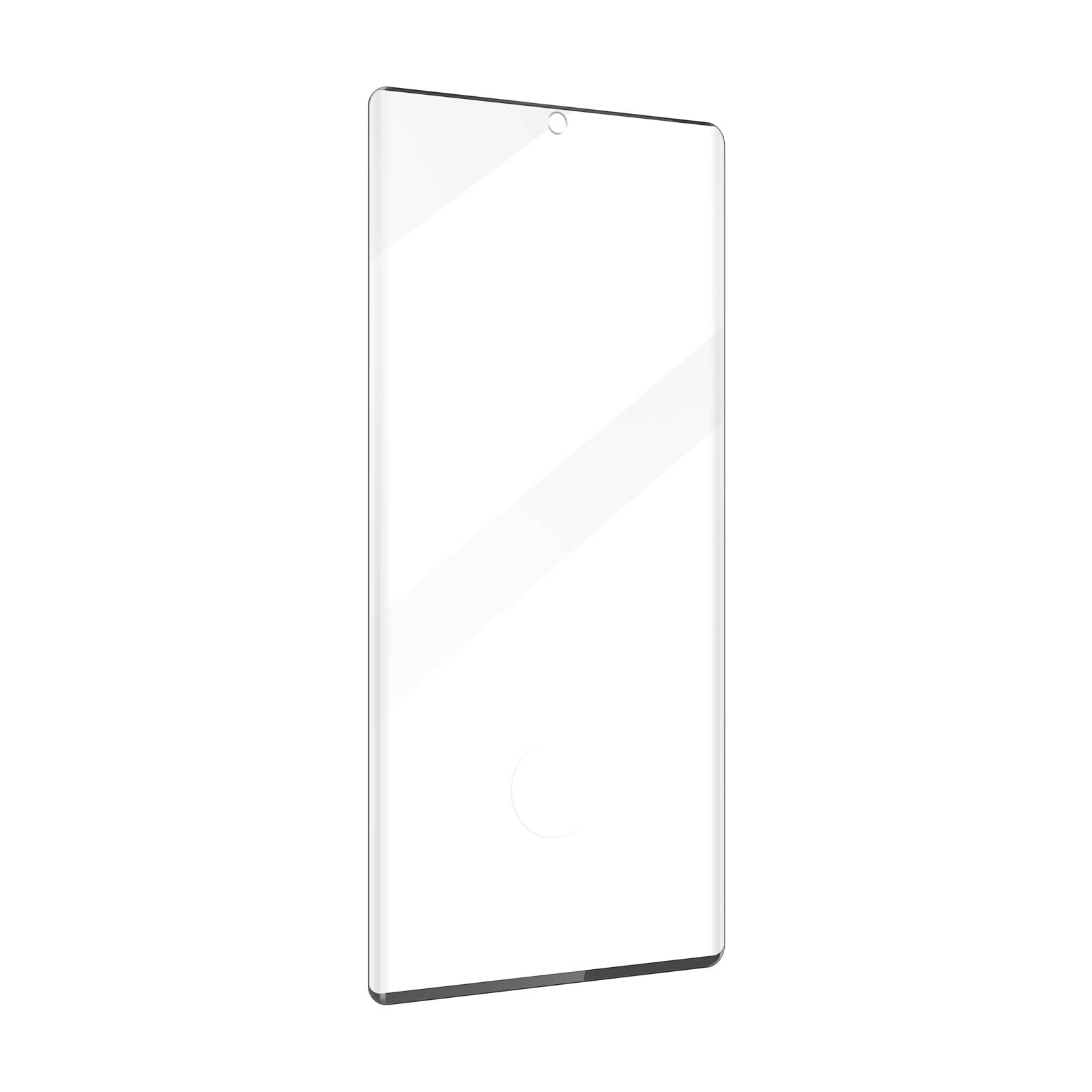 Un protecteur d'écran transparent sur fond blanc, montrant une surface propre et brillante.
