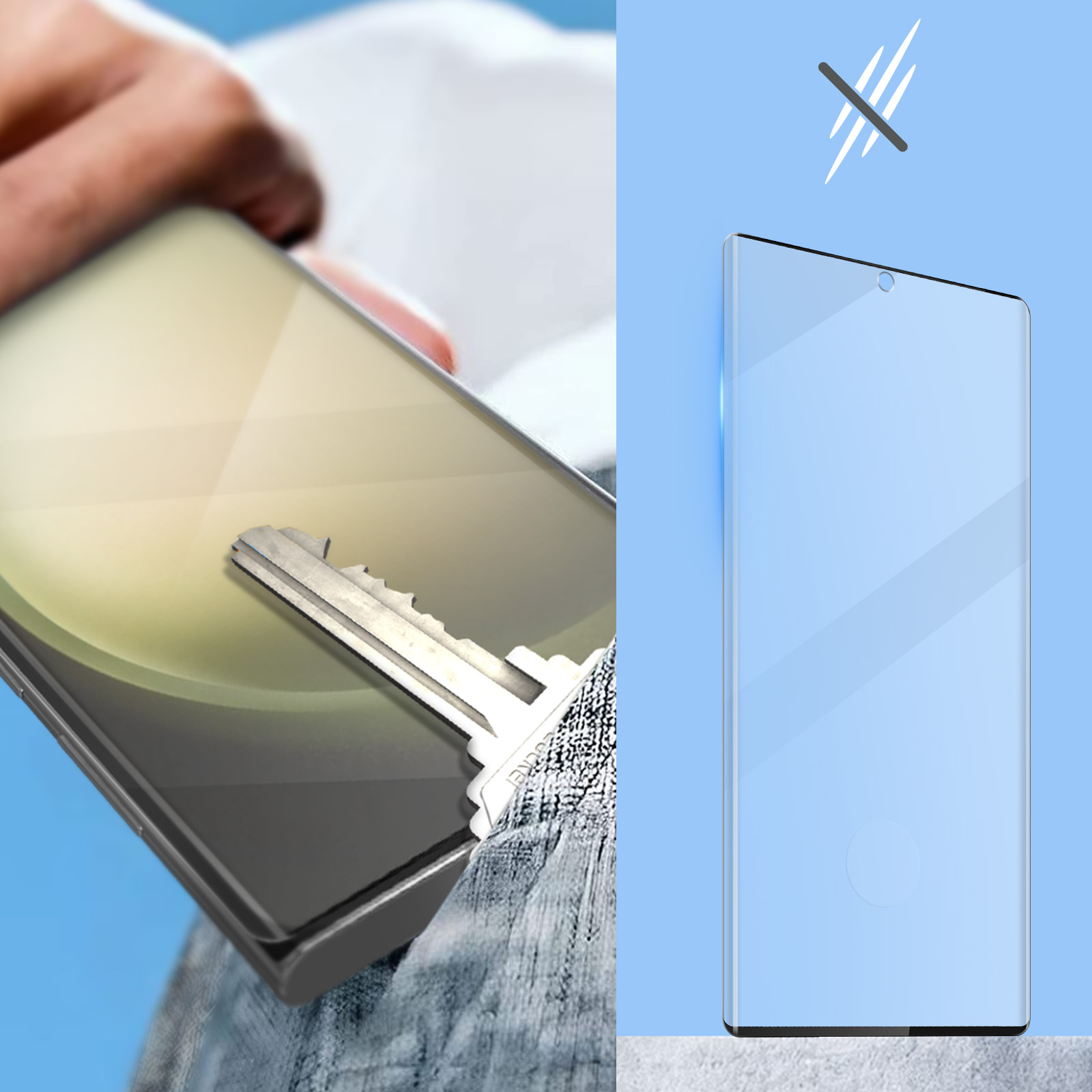 Een sleutel die over een telefoonscherm krast, met een schermbeschermer erop, en een blauwe achtergrond.
