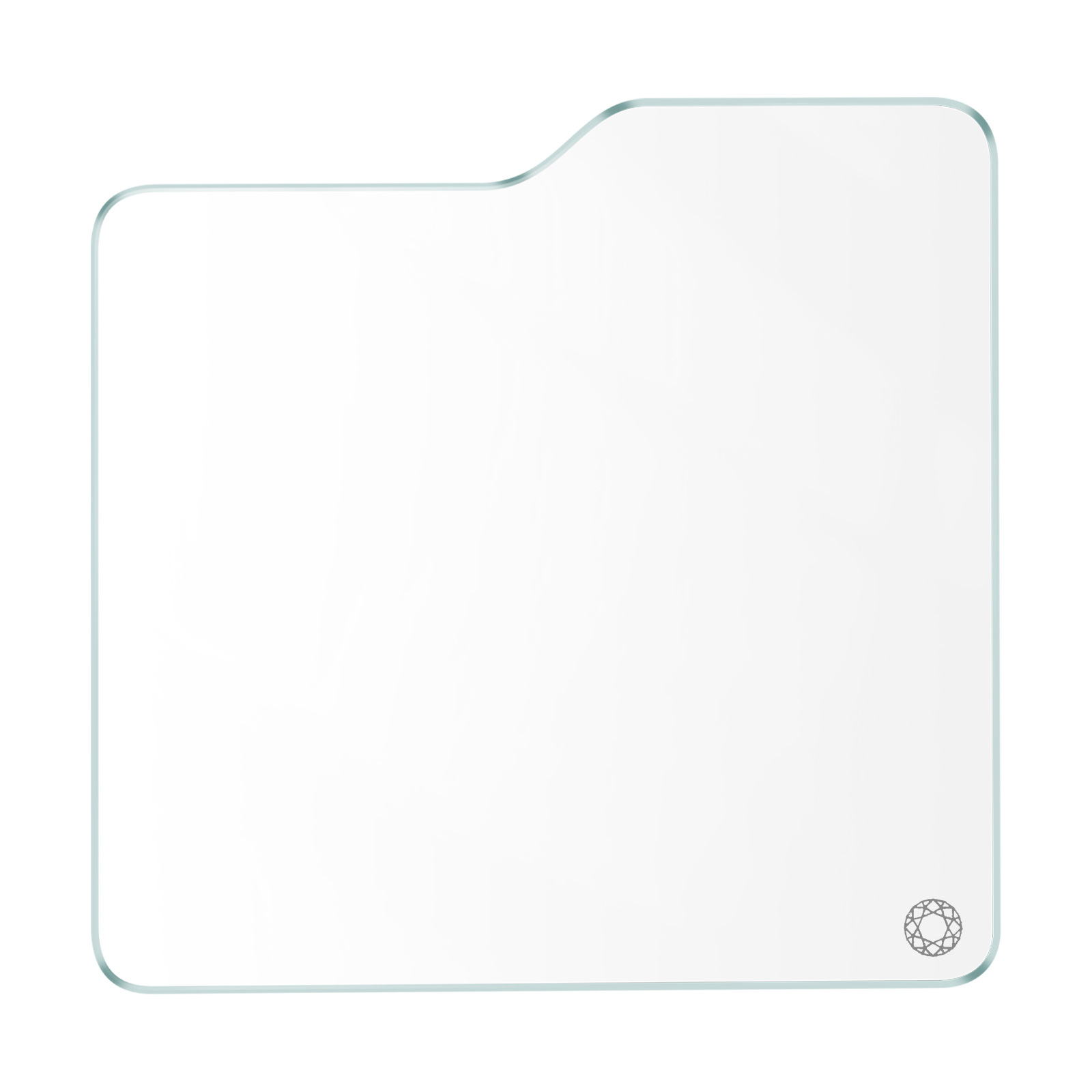 Transparante schermbeschermer met afgeronde bovenrand en diamantlogo.