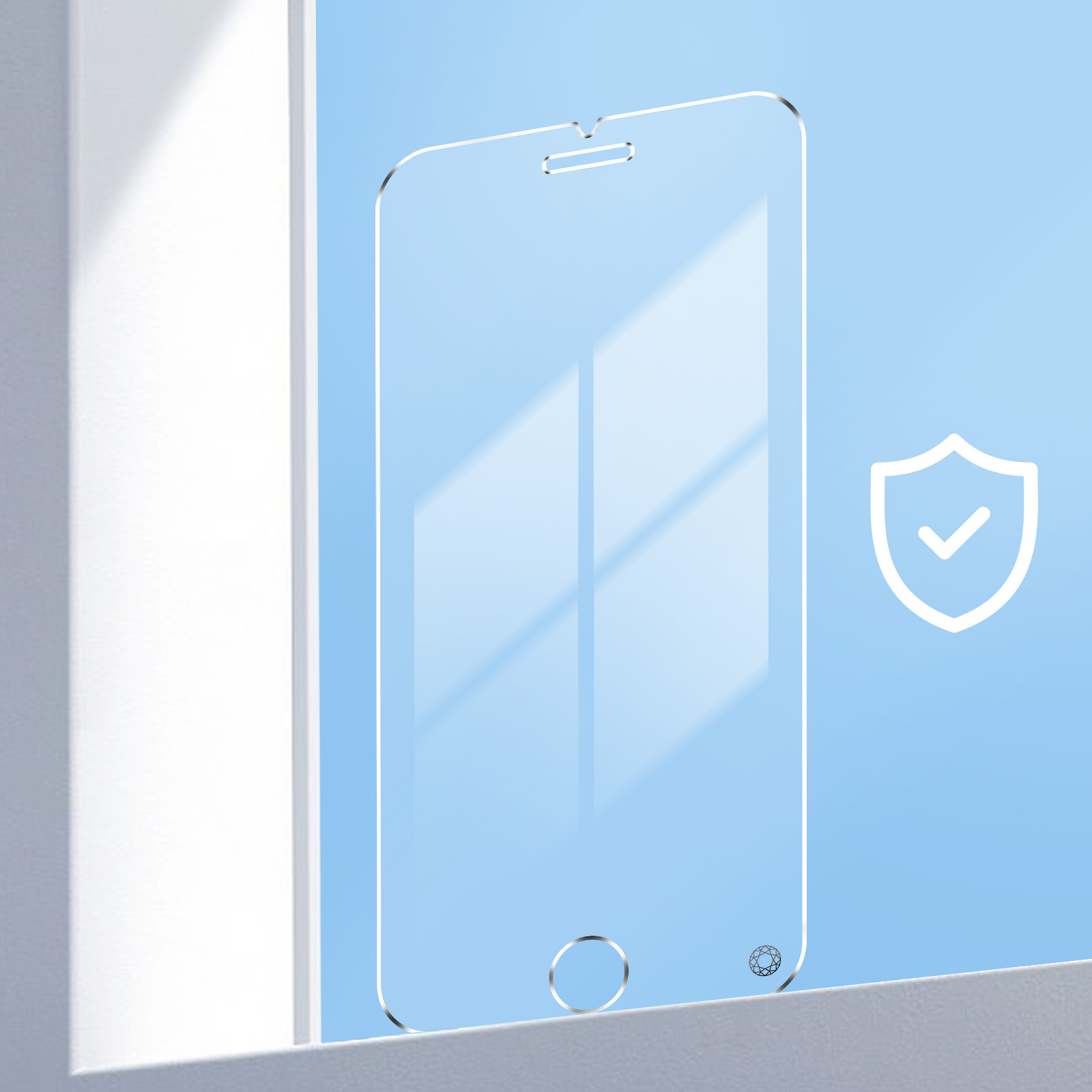 Un protecteur d'écran transparent sur un fond bleu clair. Le protecteur a une découpe pour la caméra et un logo.