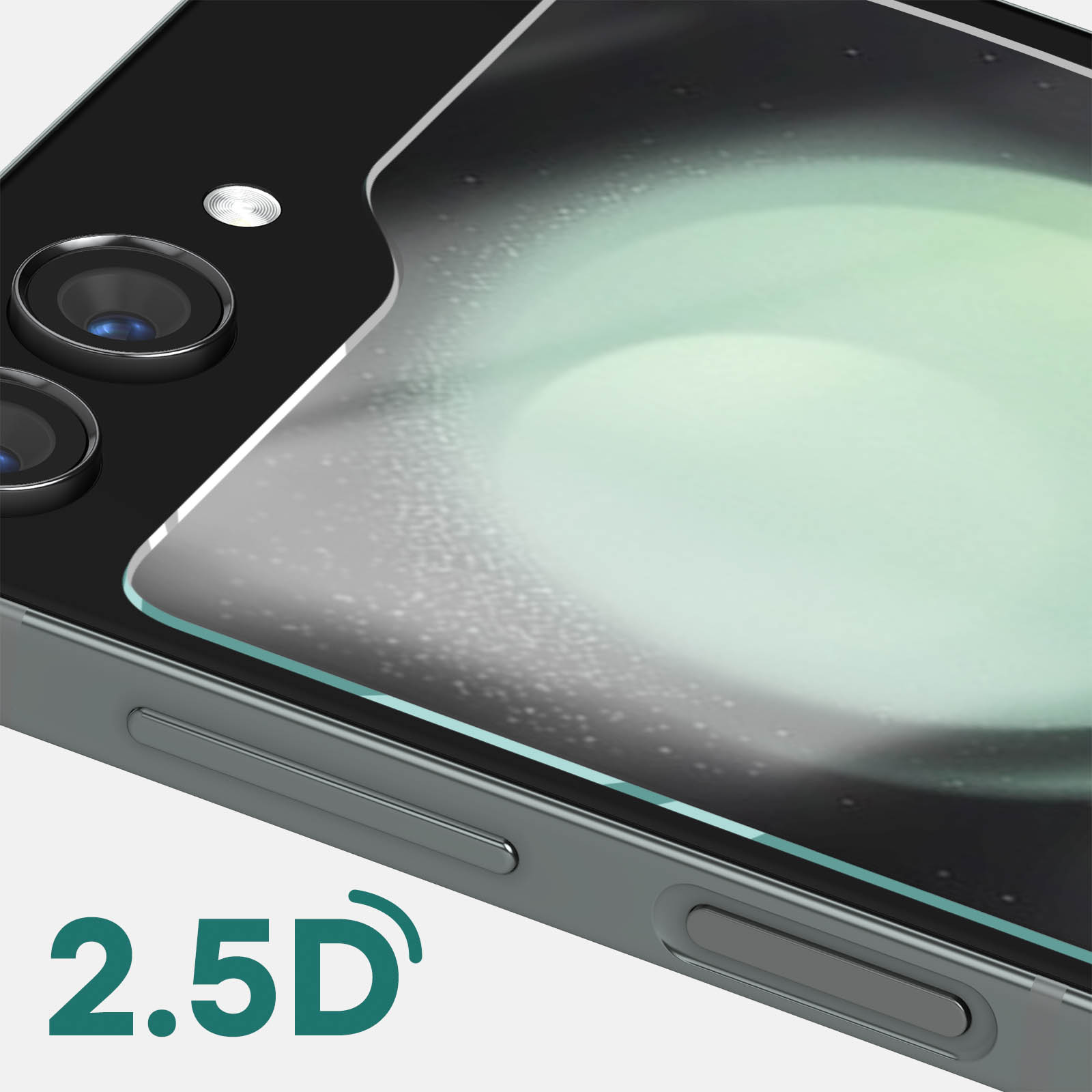 Close-up op een telefoon met een screenprotector. Het woord 2.5D staat linksonder.