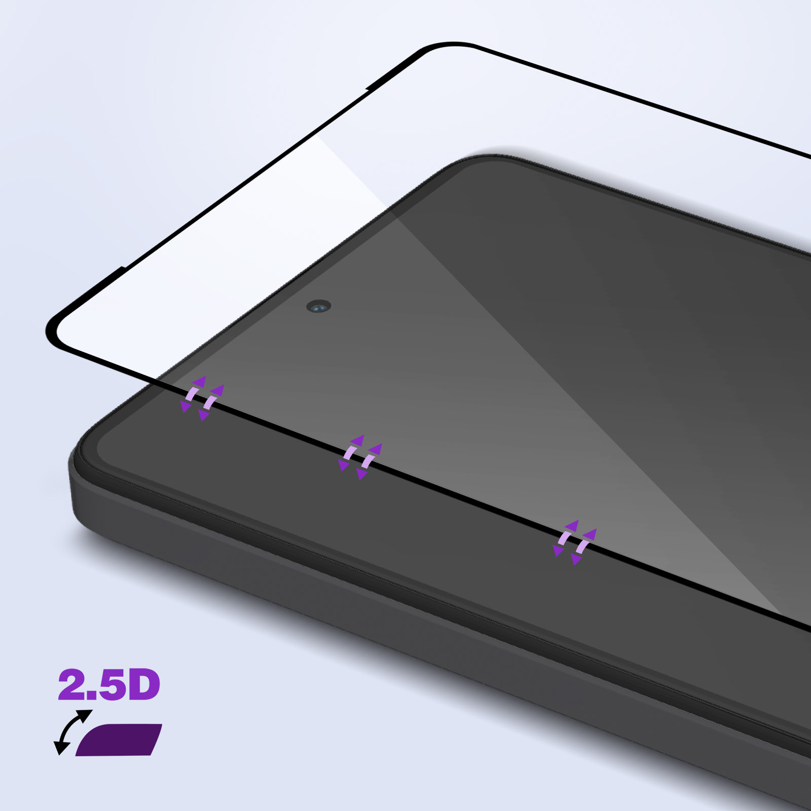 Telefoon met beschermend glas aangebracht. Pijlen geven de installatie aan. 2.5D-tekst.