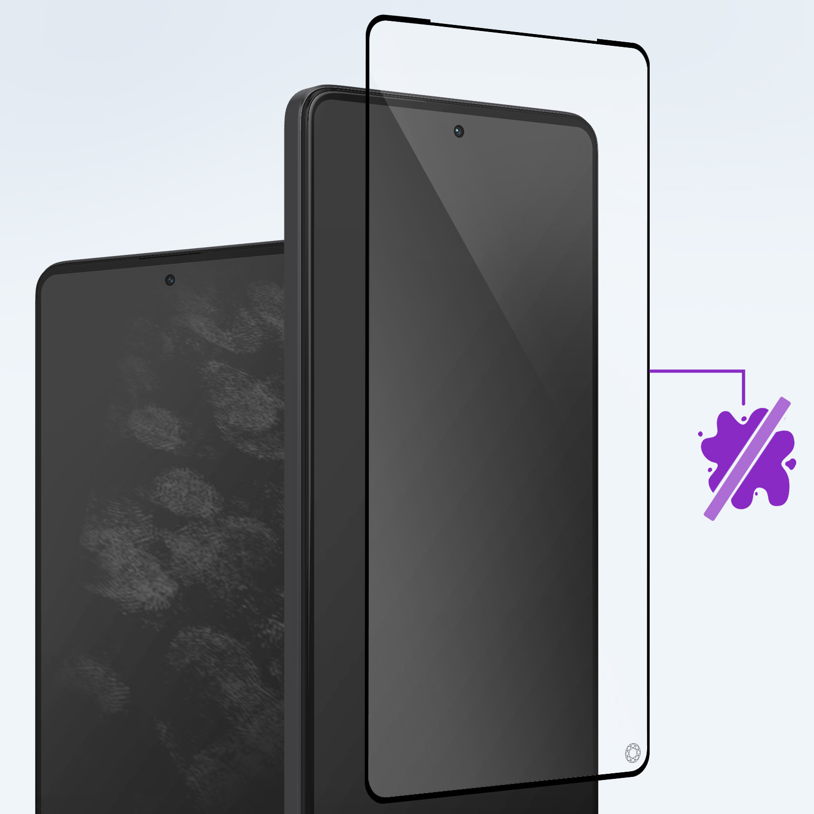 Een telefoon met een aangebrachte schermbeschermer, die de telefoon toont naast een met vlekken bedekte telefoon.