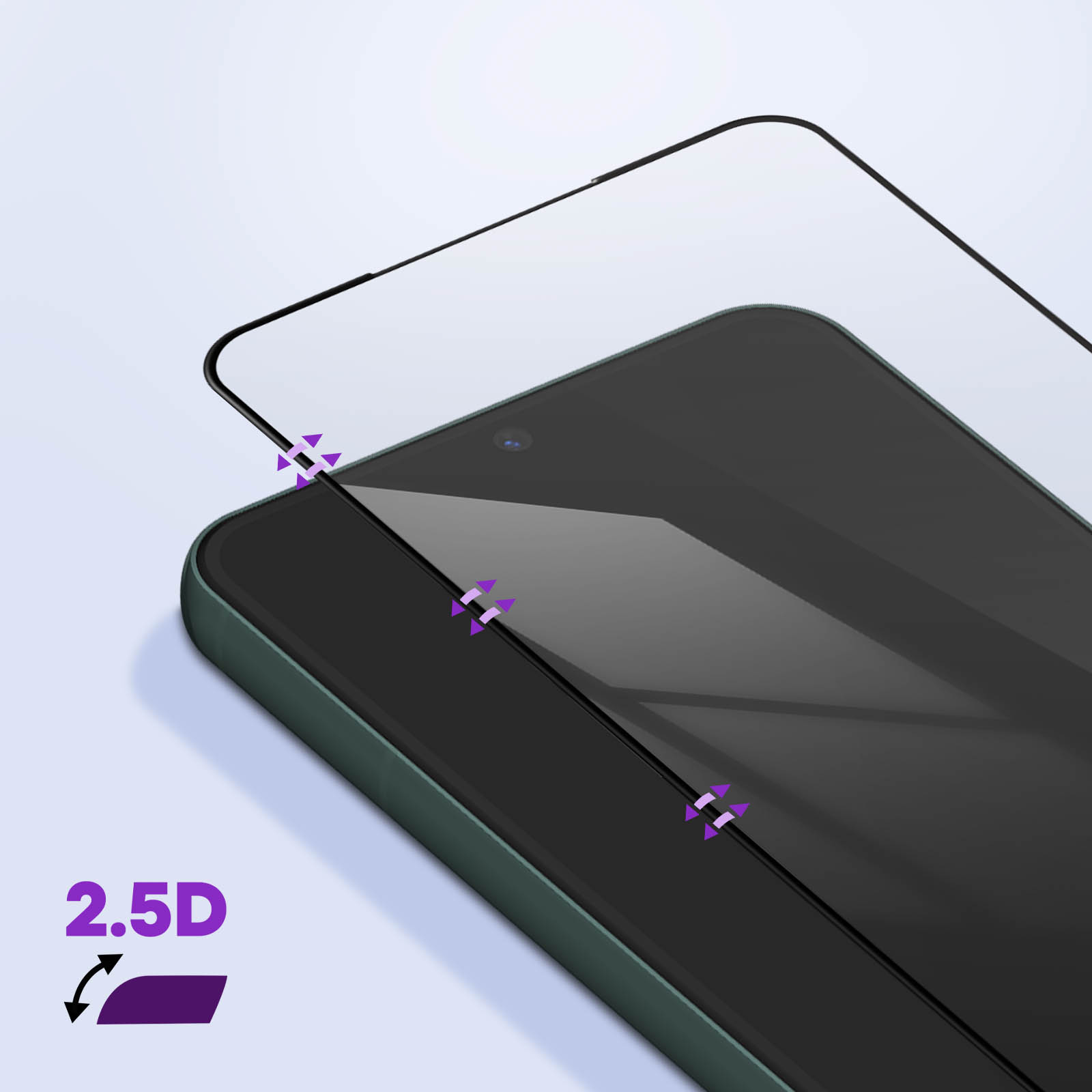 Un téléphone avec un protecteur d'écran, avec des flèches indiquant l'application et les mots 2.5D.