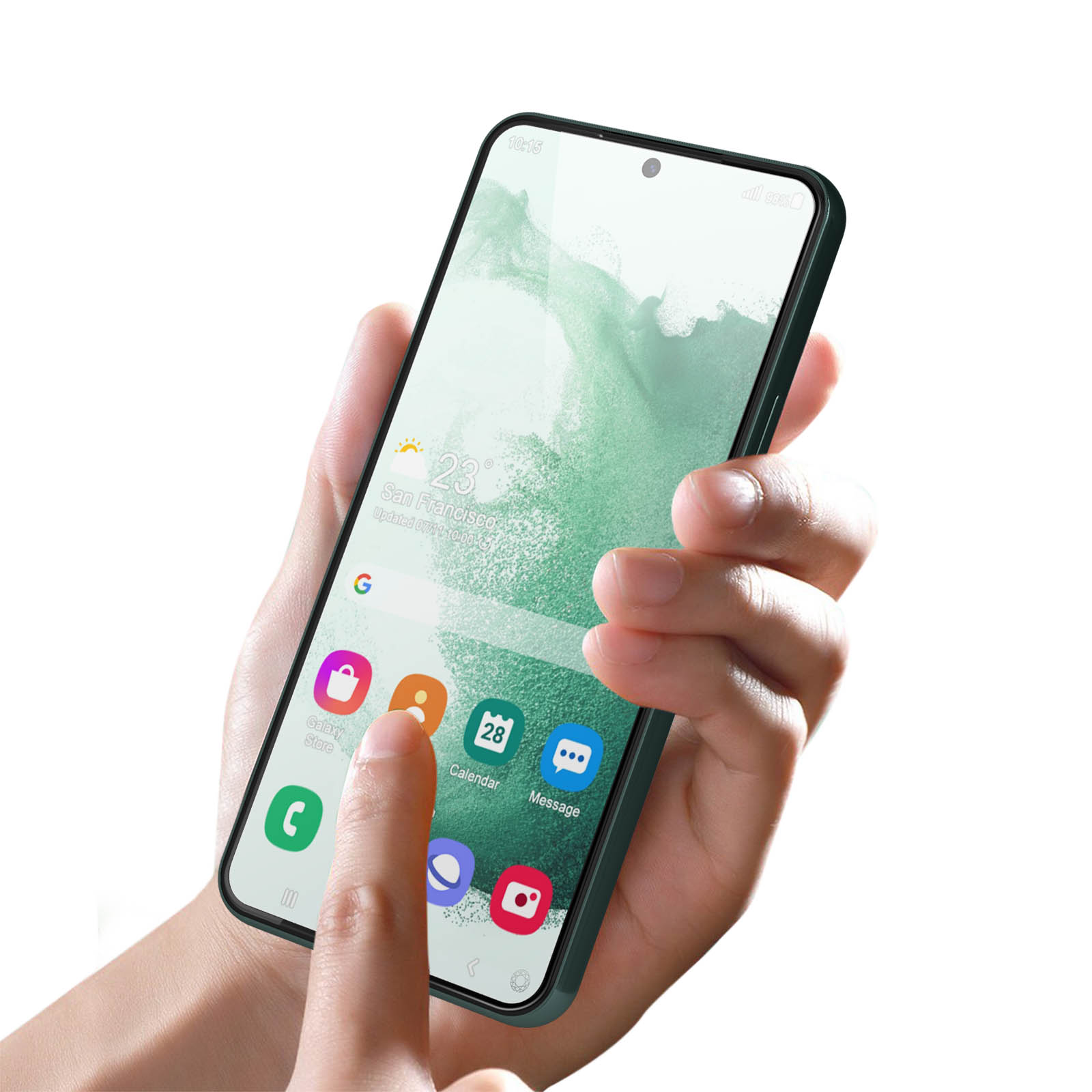 Une main tenant un téléphone, affichant une interface d'application avec des icônes d'application.