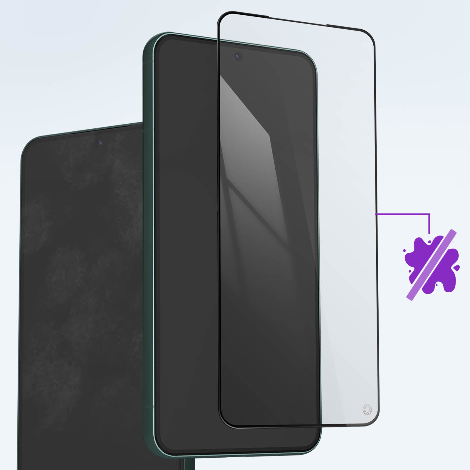 Protecteur d'écran de téléphone. Téléphone, protecteur et un symbole indiquant aucune tache.