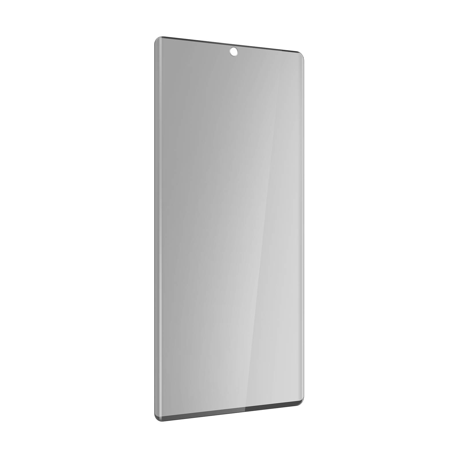 Protecteur d'écran de téléphone. Fond gris. Forme rectangulaire avec trou pour la caméra.
