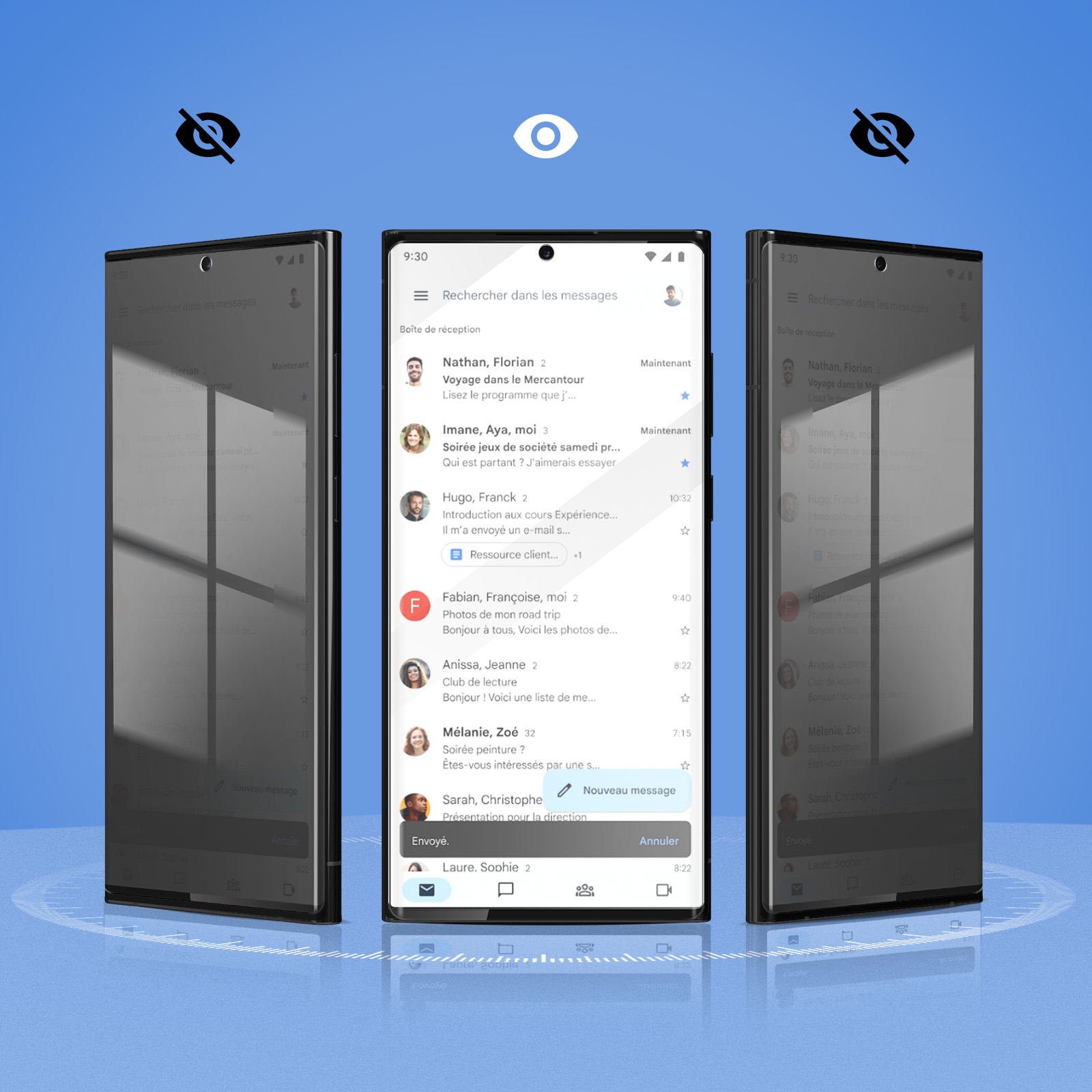 Un téléphone affiche une application de messagerie. Deux autres téléphones sont flous des deux côtés.