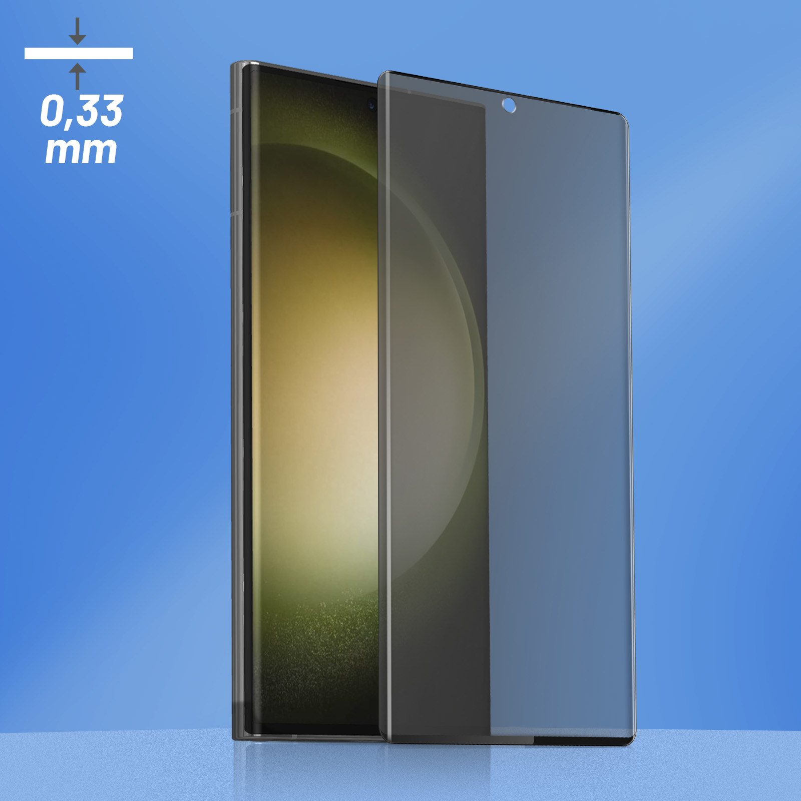 Een telefoon met een schermbeschermer. De beschermer is transparant en gemarkeerd met een dikte van 0,33 mm.