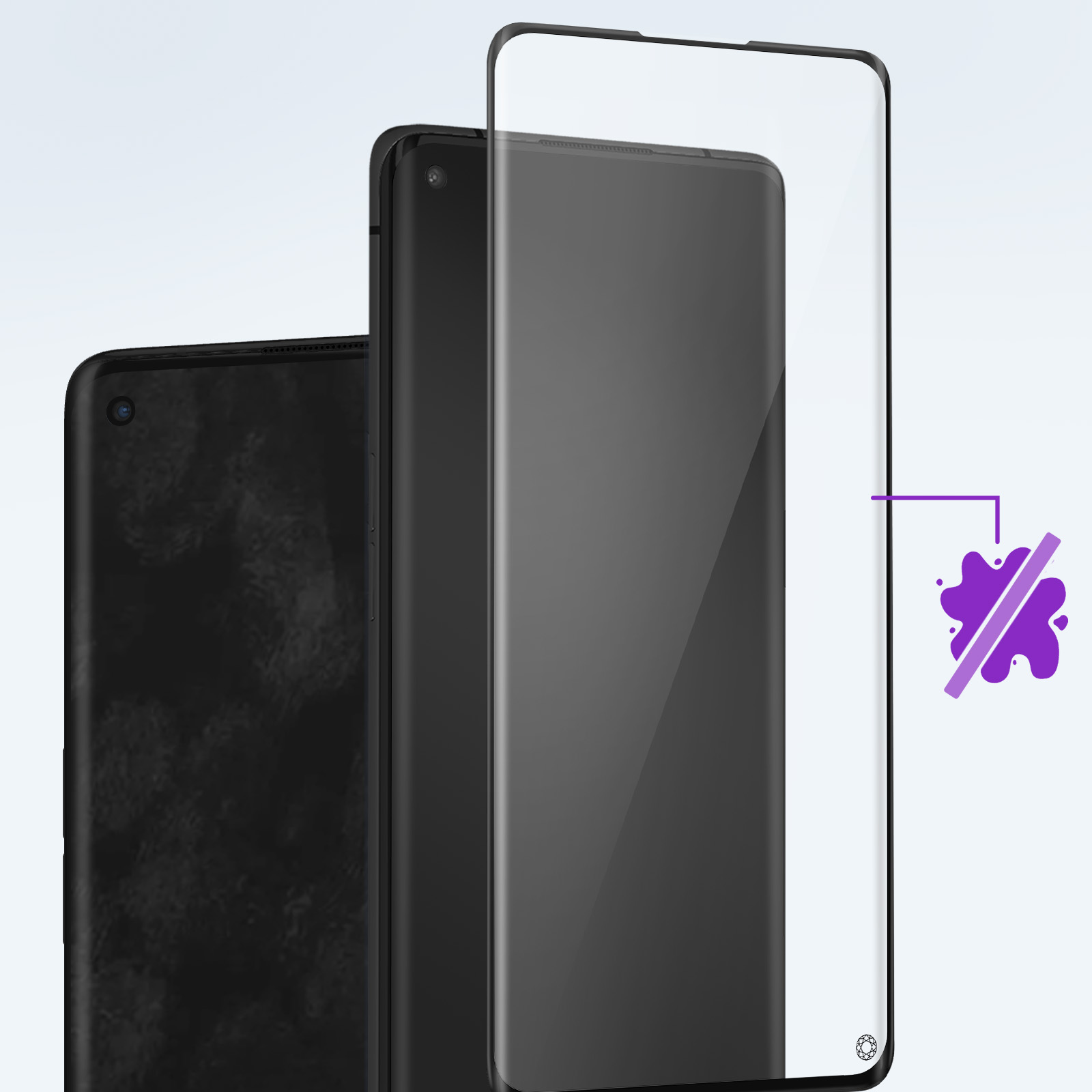 Drie telefoons, één met een schermbeschermer, en een paars spat-icoon.