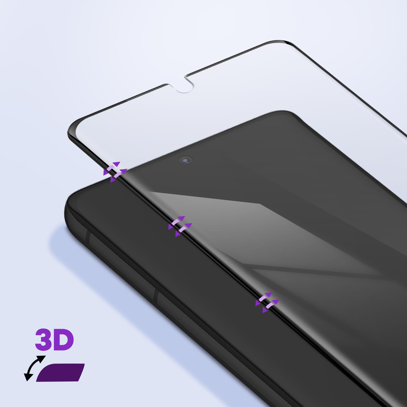 Een heldere schermbeschermer die op een zwarte telefoon wordt aangebracht, met een 3D-effect.