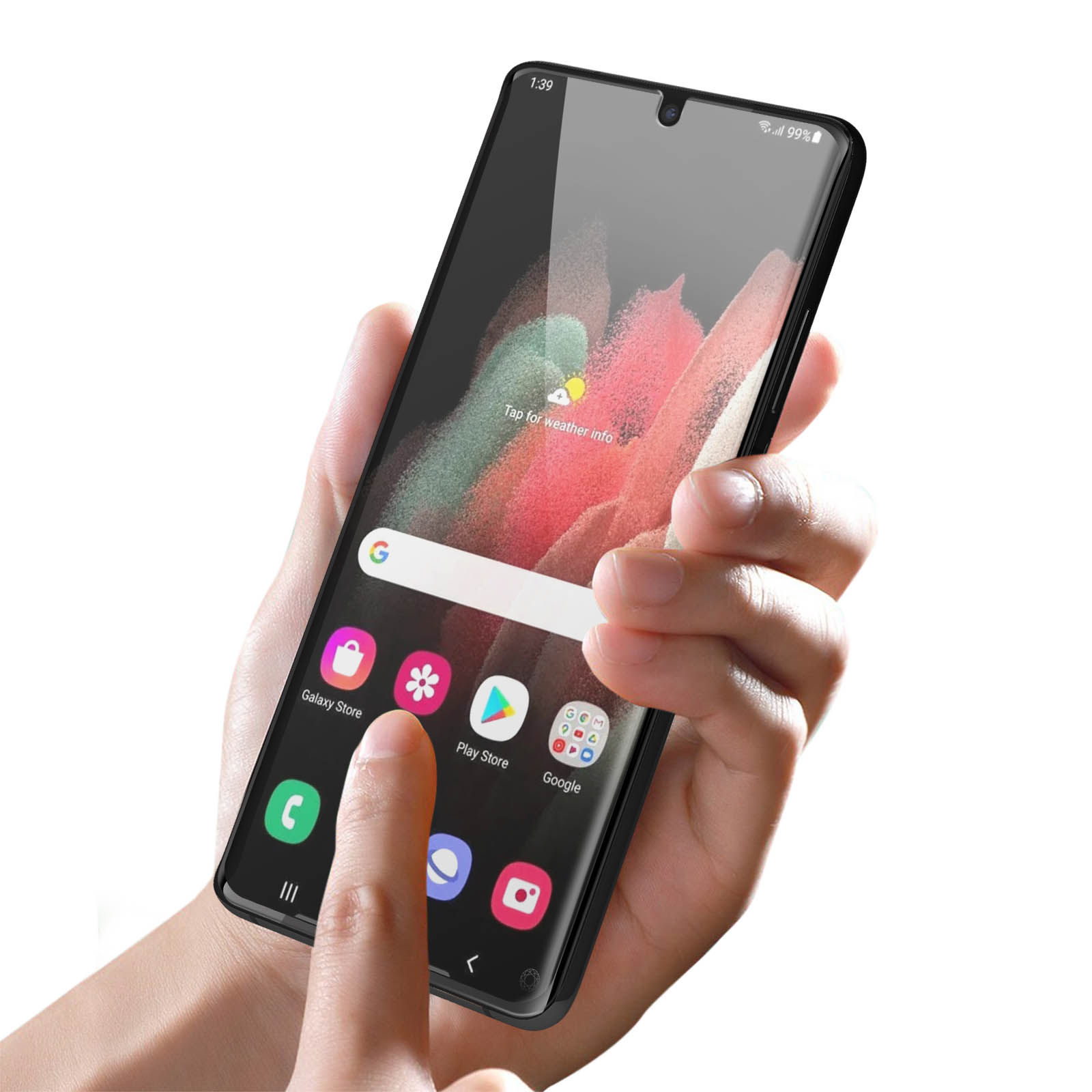 Een hand die een zwarte smartphone vasthoudt. Het scherm toont een app-menu. De telefoon heeft een gebogen scherm.