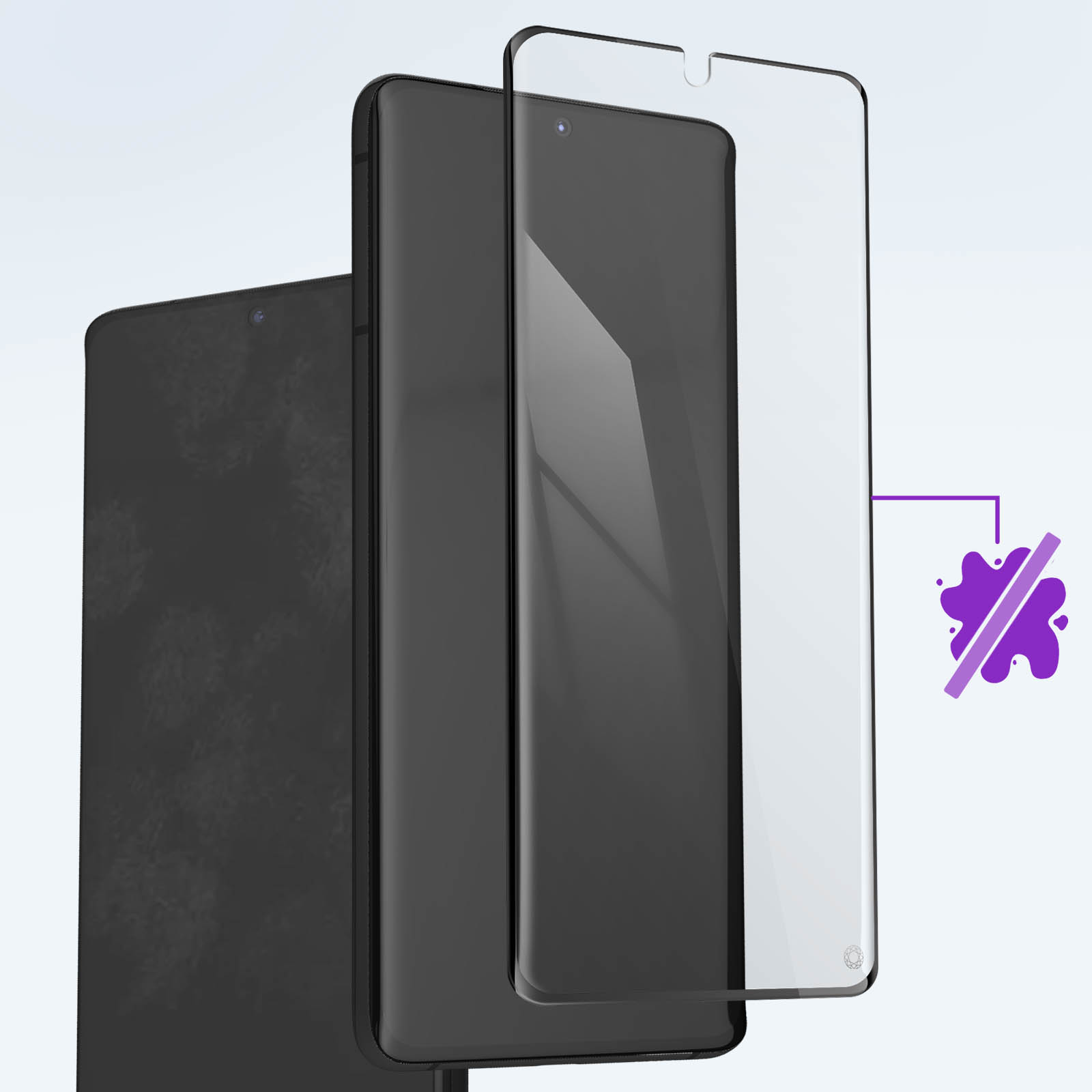 Drie smartphones met schermbeschermers. Eén heeft een aangebrachte beschermer.