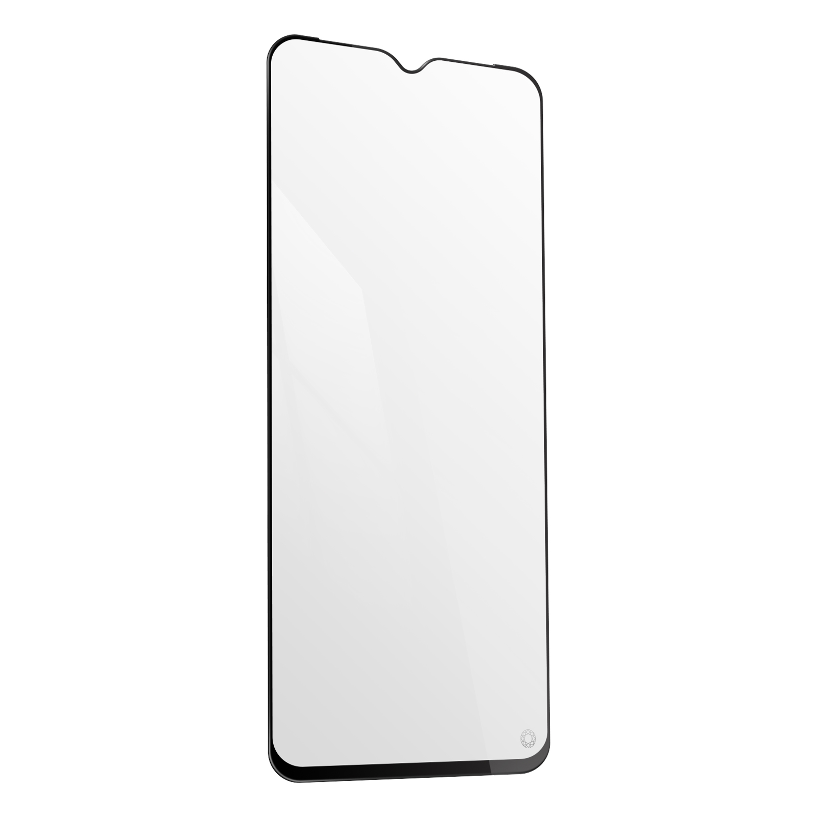 Protecteur d'écran transparent avec bords incurvés, surface brillante, détail circulaire.