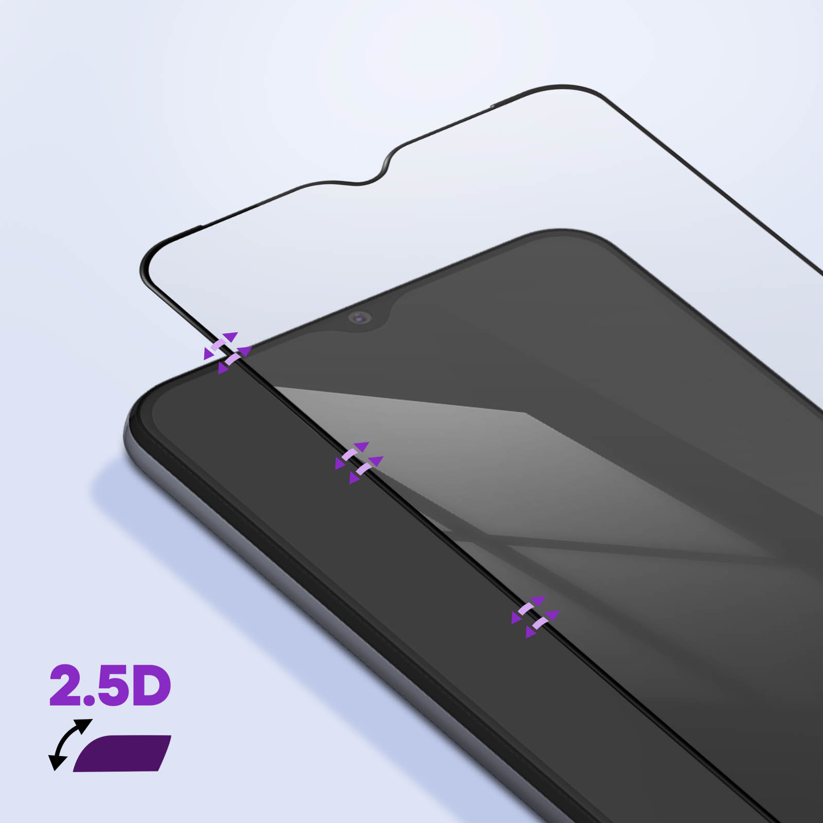 Téléphone avec protecteur d'écran en cours d'application, avec 2.5D et une flèche violette.