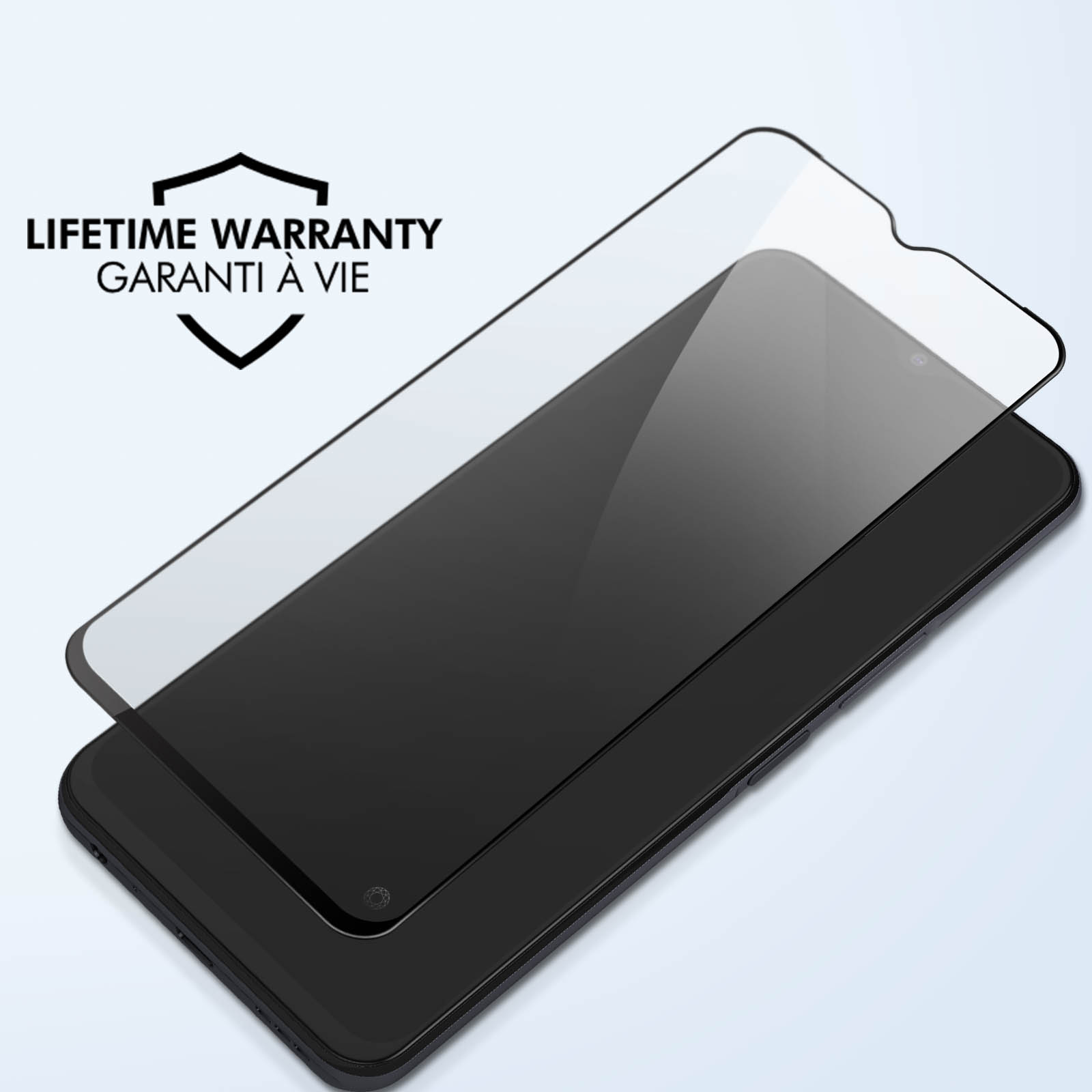 Un téléphone noir avec un protecteur d'écran dessus.