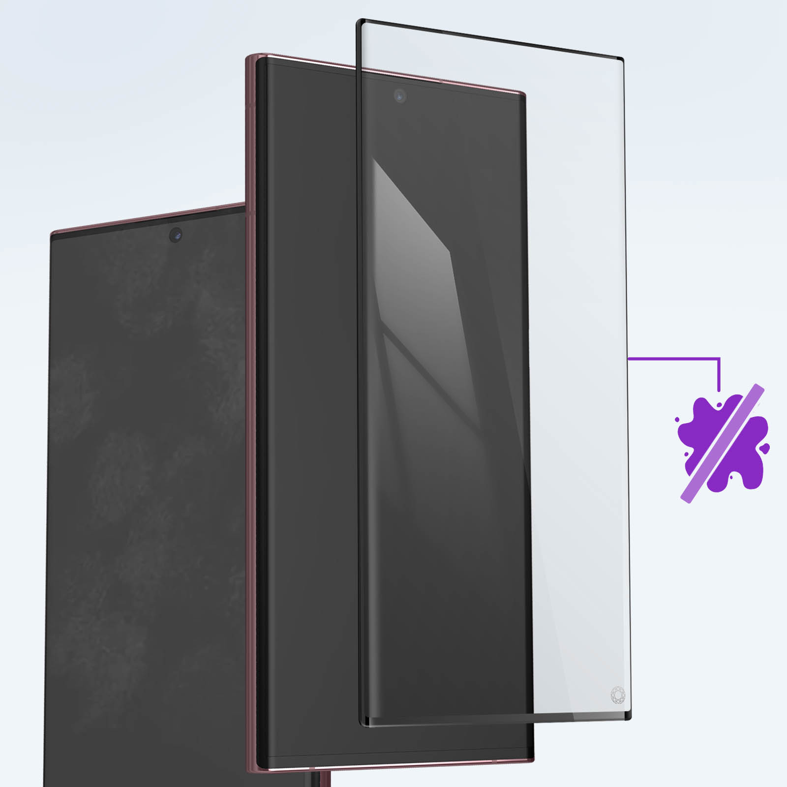 Protecteur d'écran de téléphone en cours d'application. Montre une icône d'éclaboussure violette, résistance aux taches.