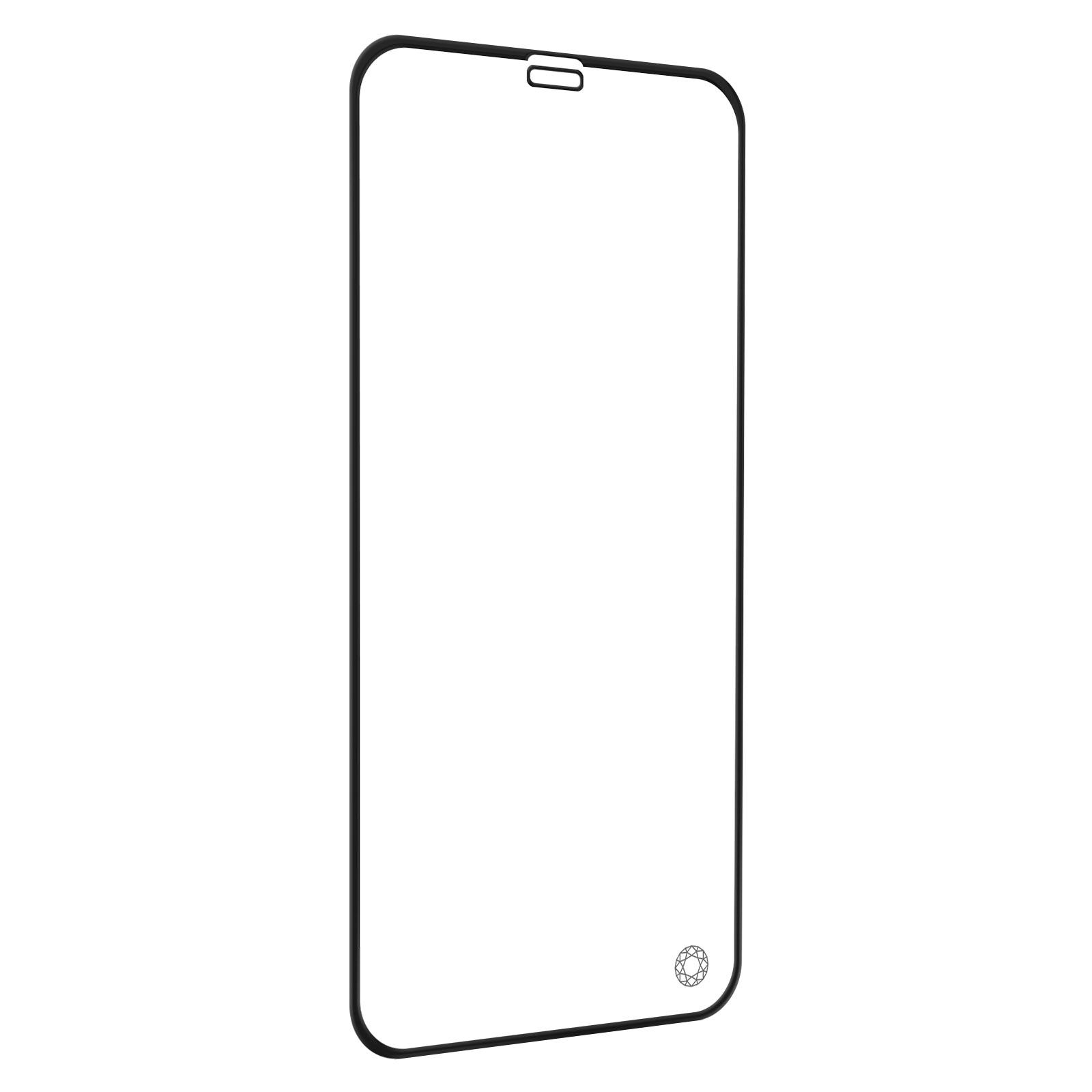 Een schermbeschermer voor de telefoon met een zwart frame en een kleine uitsparing voor de camera aan de voorkant.