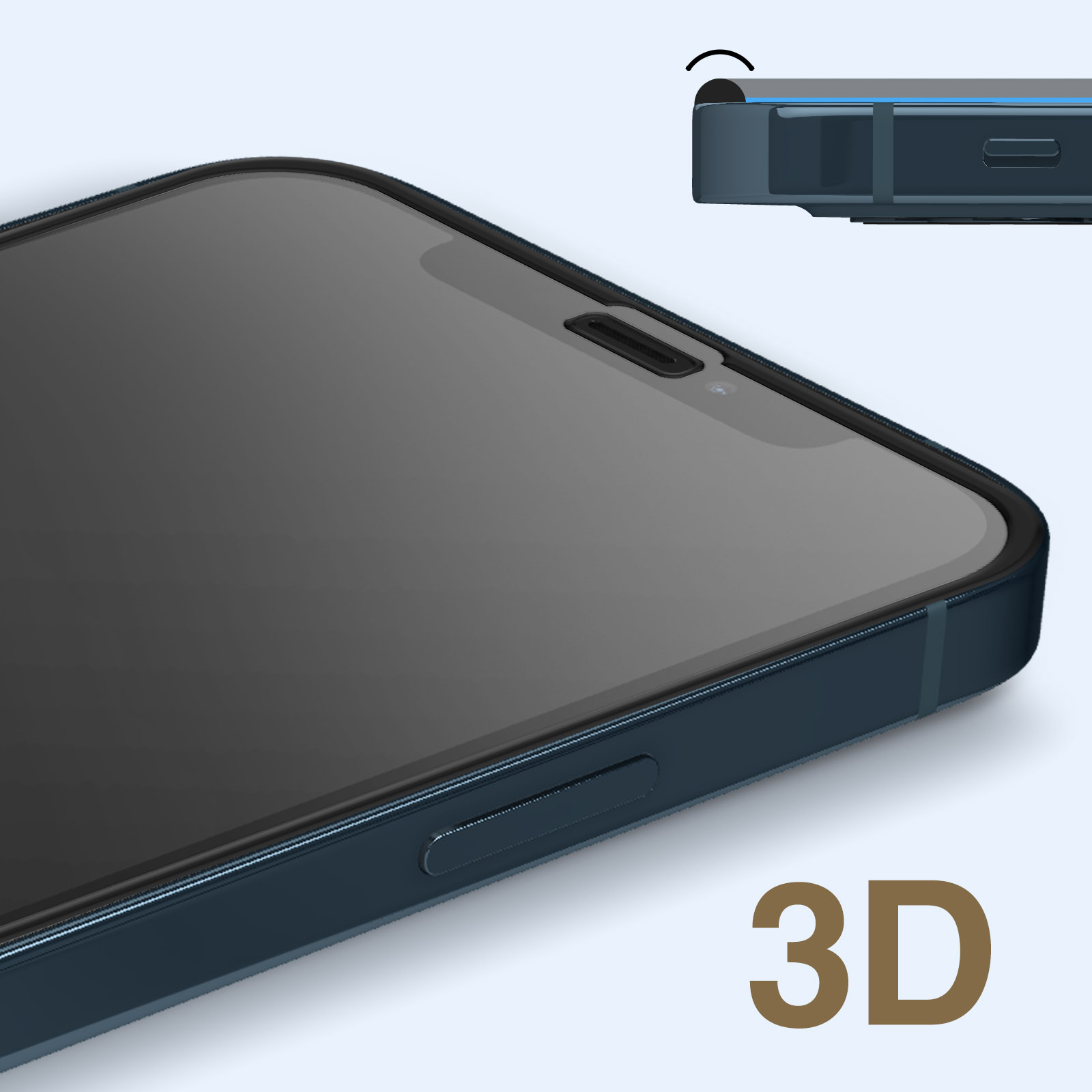 Close-up van een telefoon met een 3D-screenprotector. De protector is donkerblauw.