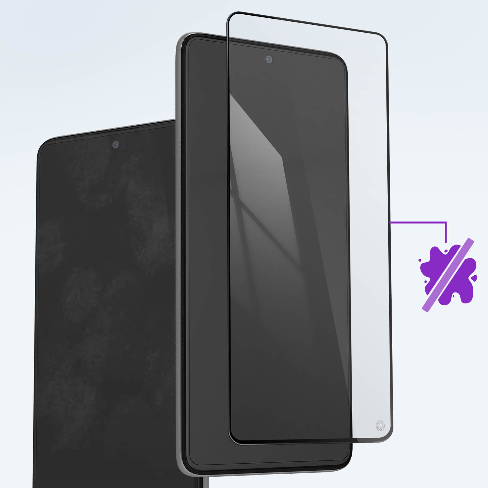 Twee telefoons en een screenprotector, met een paarse vlekwerende markering.